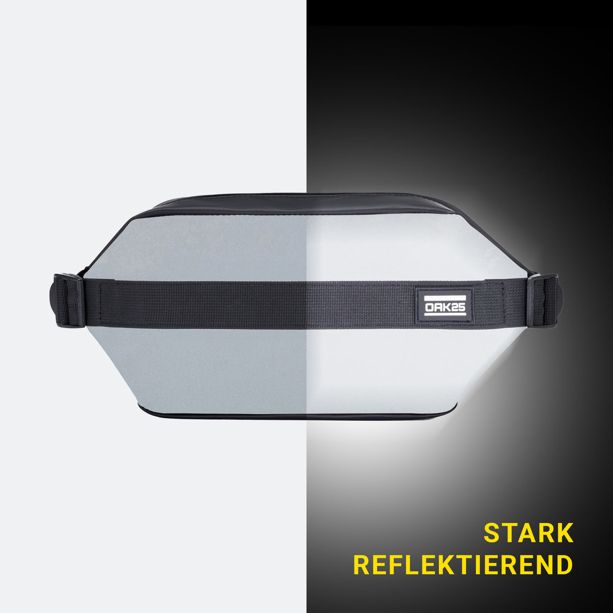 Schwarze OAK25 BarBag mit reflektierender Front und schwarzem Gurt mit Logo