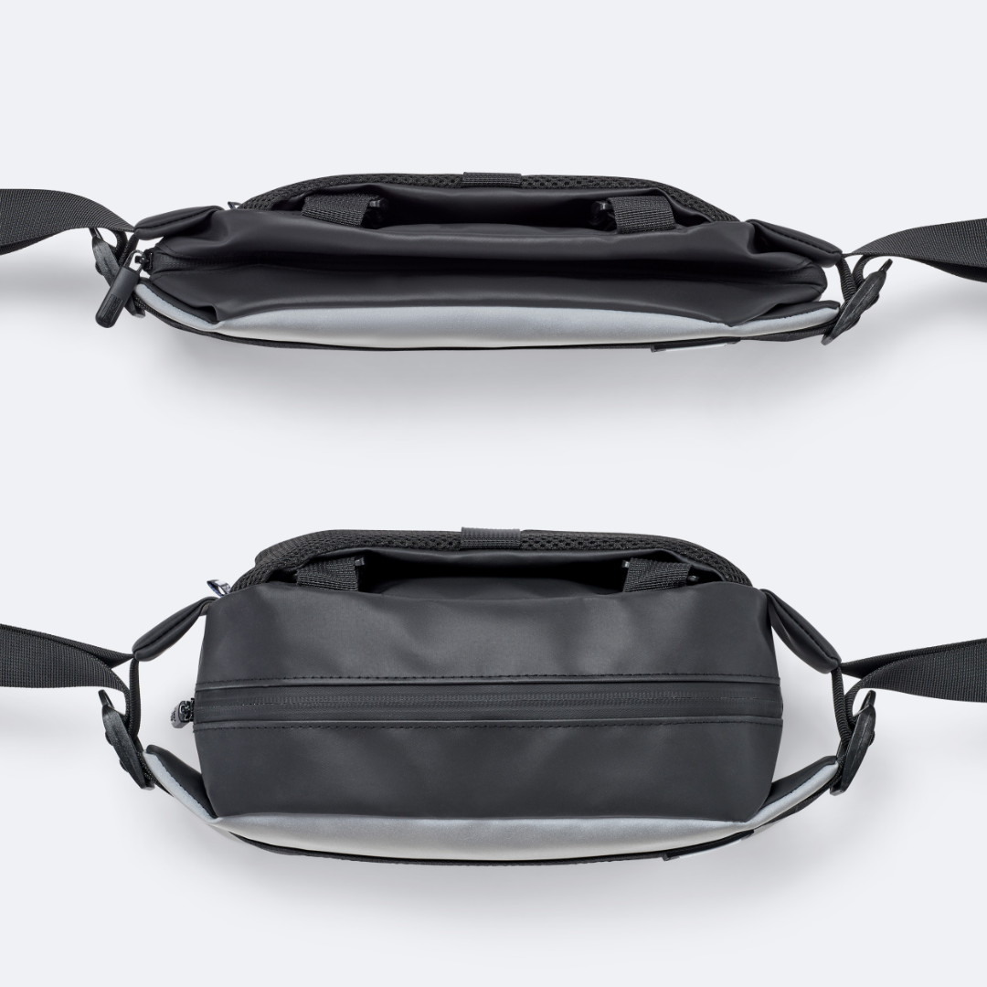 Schwarze OAK25 Carry All Bar Bag mit variablem Volumen, Ansicht von oben mit offenem und geschlossenem Reißverschluss