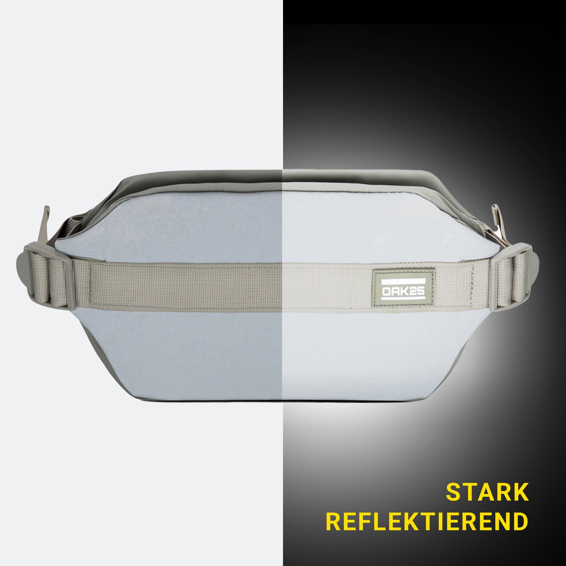 Salbeigrüne Bauchtasche mit reflektierendem Material, links matt, rechts stark reflektierend mit weißem OAK25-Logo