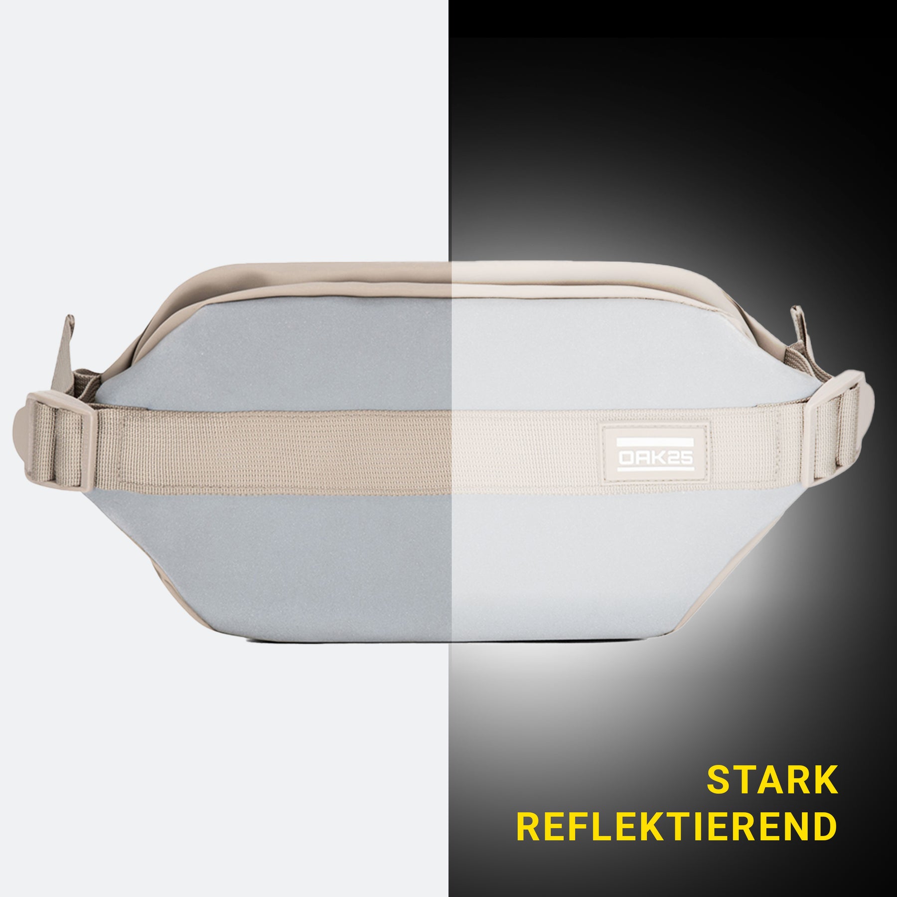 Sandfarbene OAK25 Sling Fahrradtasche mit stark reflektierendem Material auf der rechten Seite