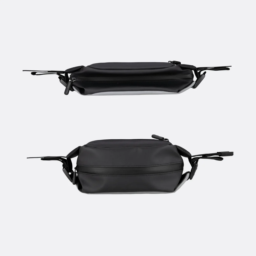 Schwarze Sling-Tasche aus Leder mit Reißverschluss, Vorder- und Rückansicht