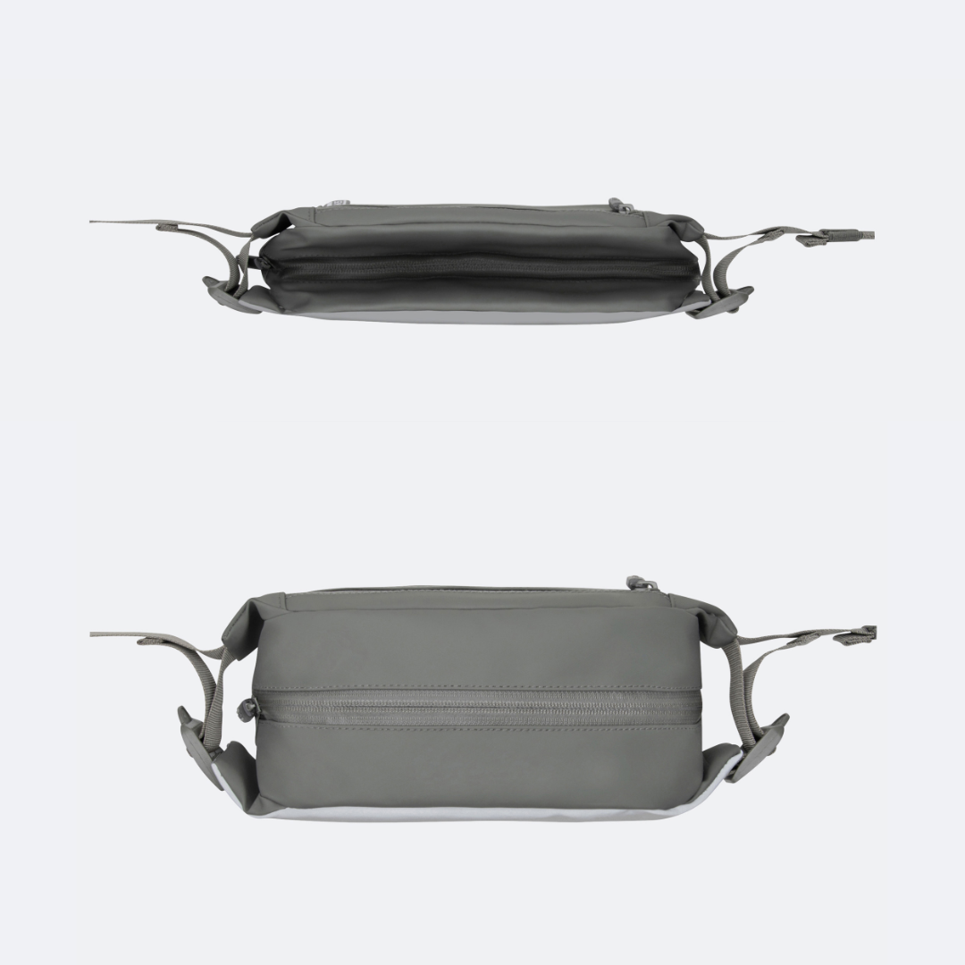 Salbeigrüne Carry All Sling Tasche in zwei Zuständen, komprimiert und erweitert mit Reißverschluss
