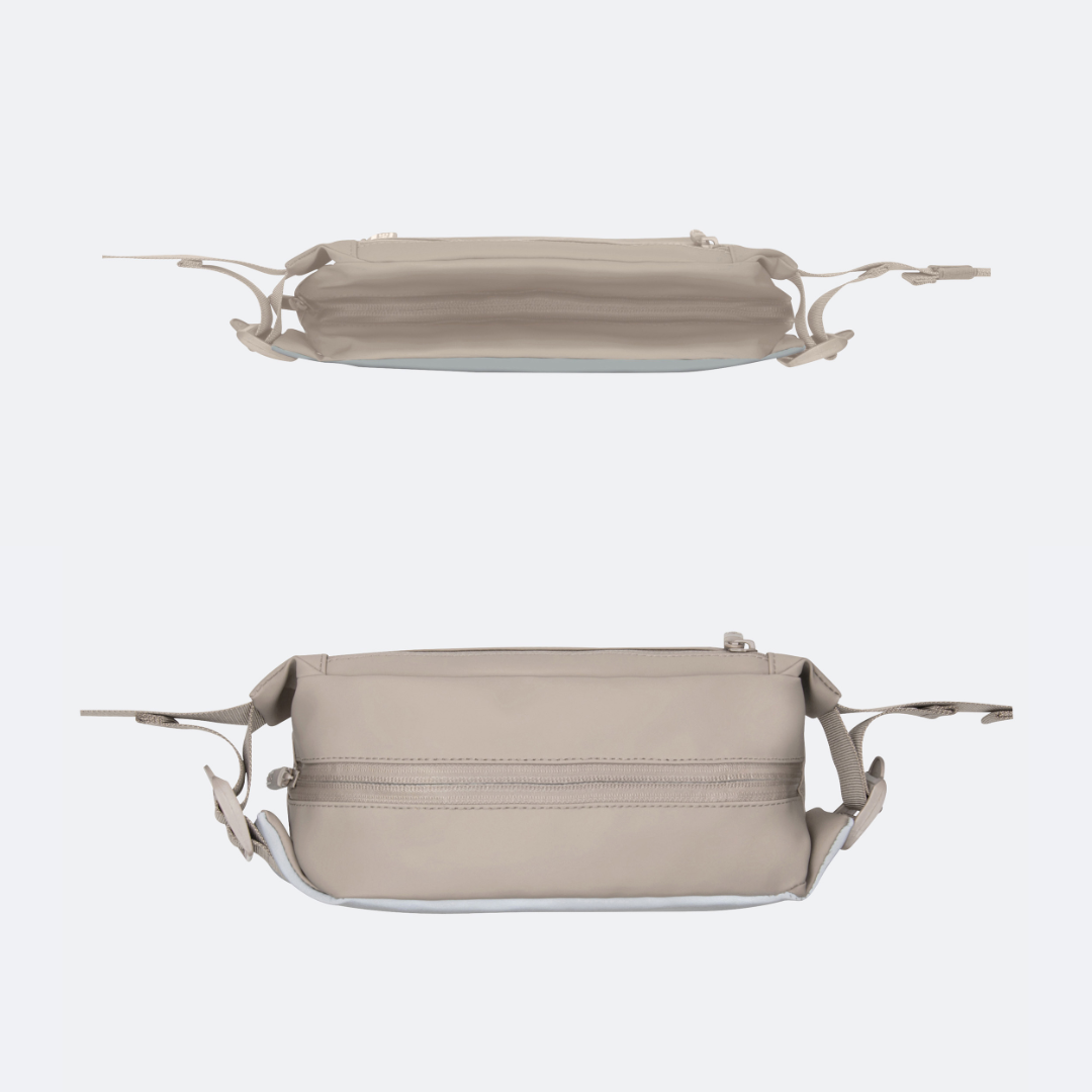 Sandfarbene OAK25 Carry All Sling Tasche, seitliche Ansicht mit Reißverschluss und verstellbaren Riemen
