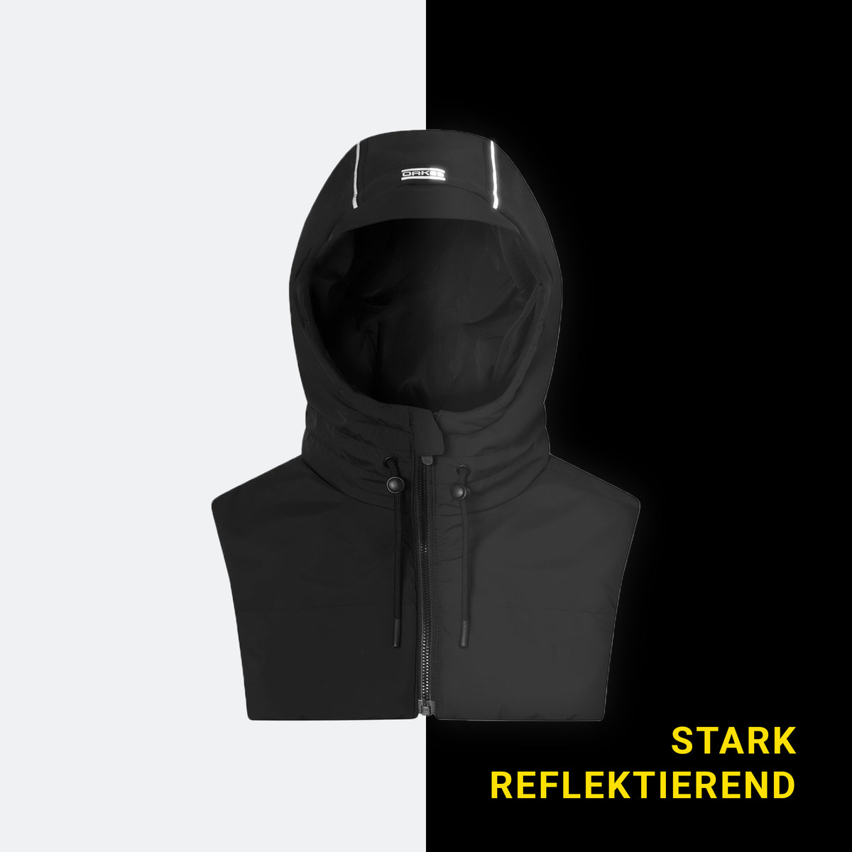 Schwarze Unisex-Kapuze mit reflektierenden Streifen und Reißverschluss