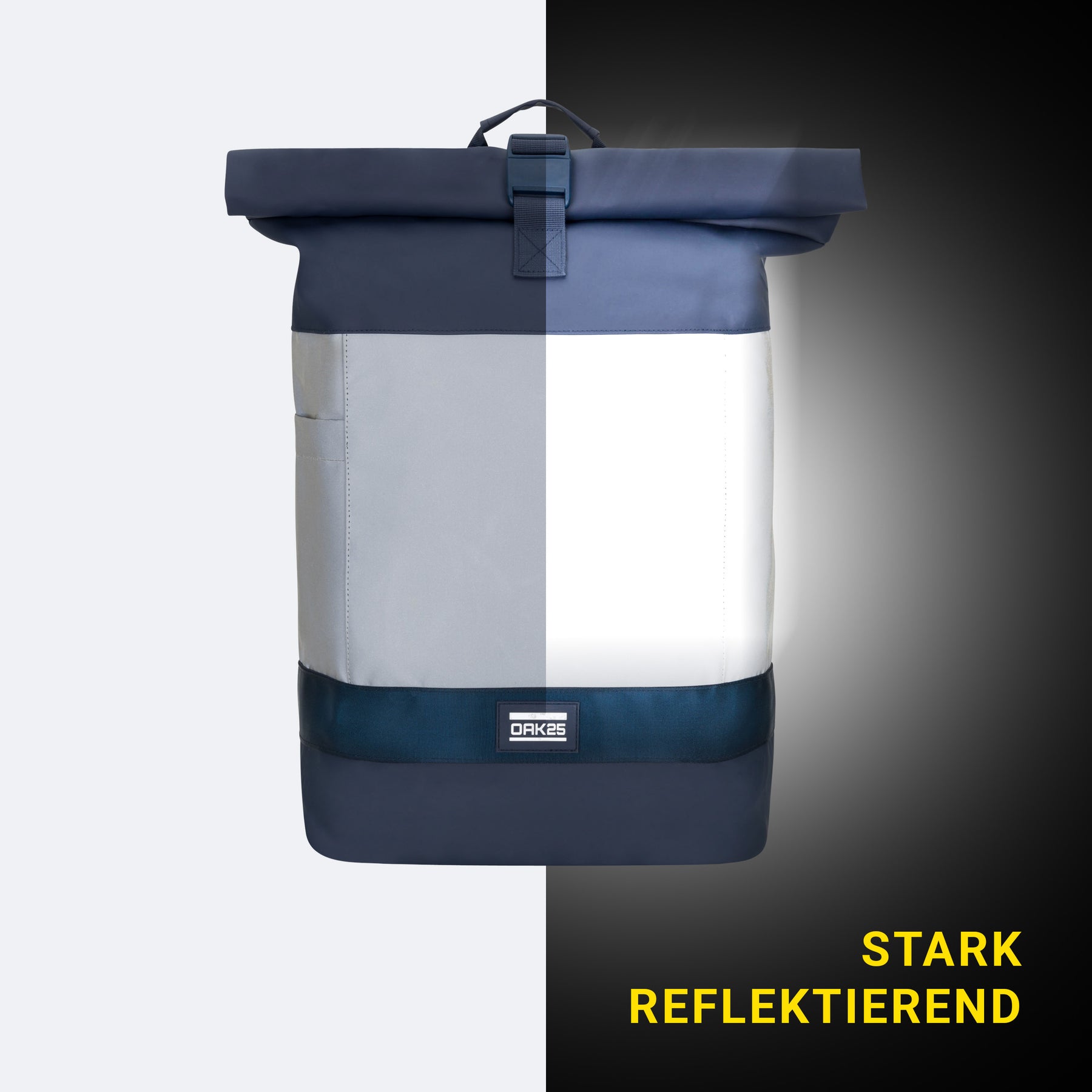 OAK25 Commute Rolltop Rucksack in Navy mit reflektierendem Bereich zur Erhöhung der Sichtbarkeit