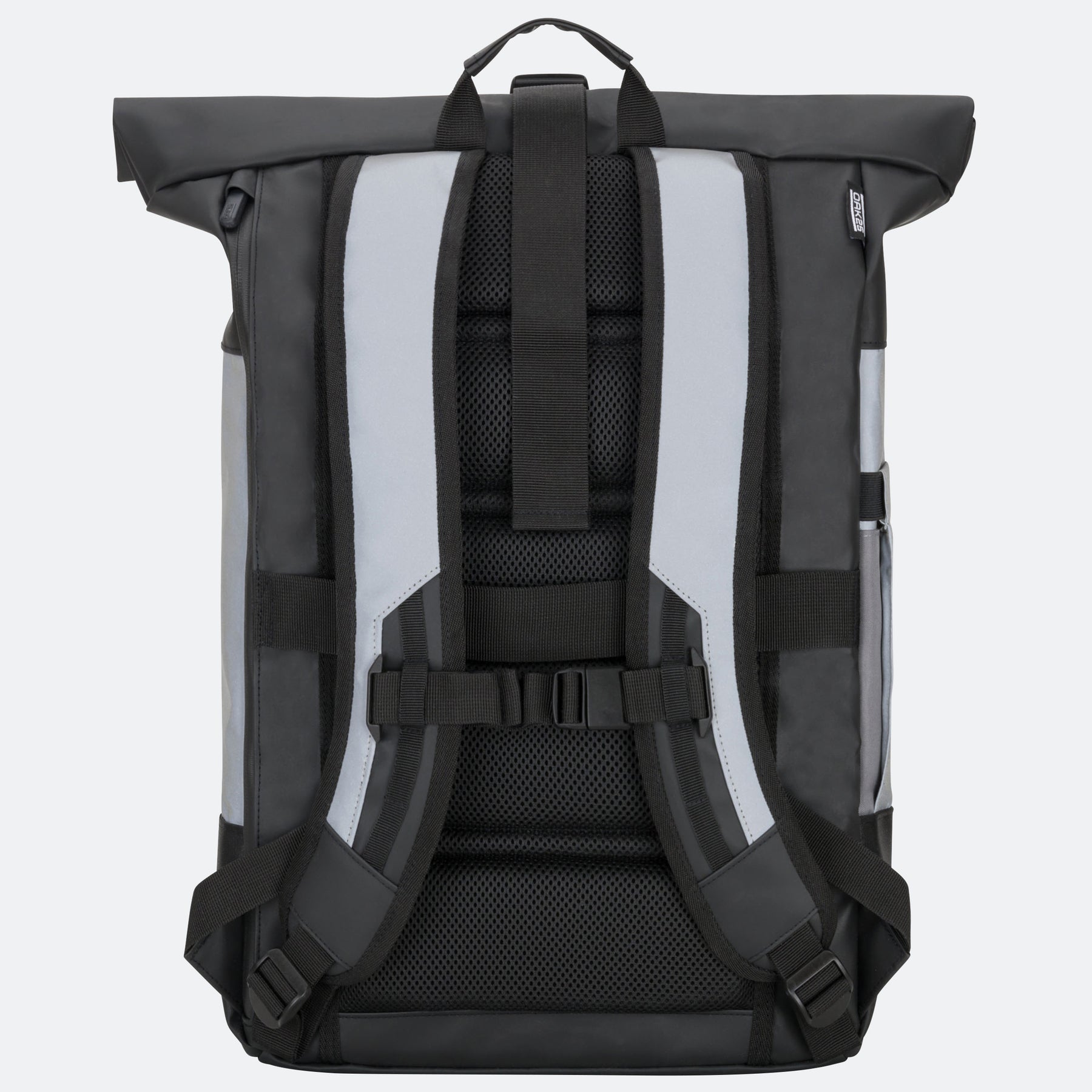 Schwarzer Rolltop-Rucksack mit ergonomischen, gepolsterten Schultergurten und Brustgurt