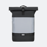 Schwarzer und silberner OAK25 Rolltop Fahrradrucksack mit Schnalle und reflektierendem Material