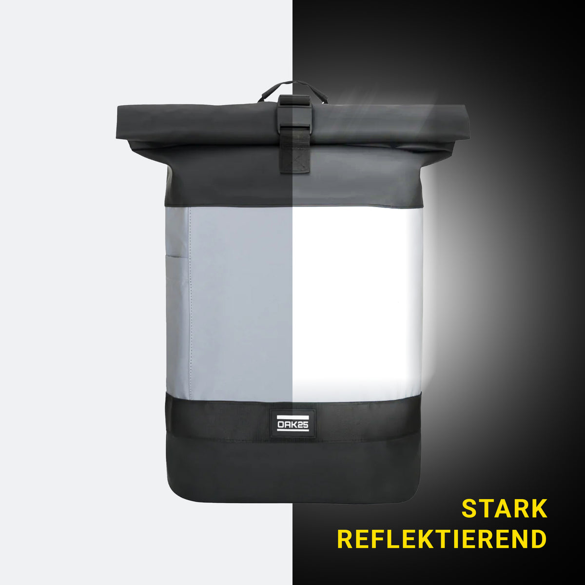Schwarzer OAK25 Rolltop-Rucksack mit stark reflektierender Front in Tages- und Nachtansicht