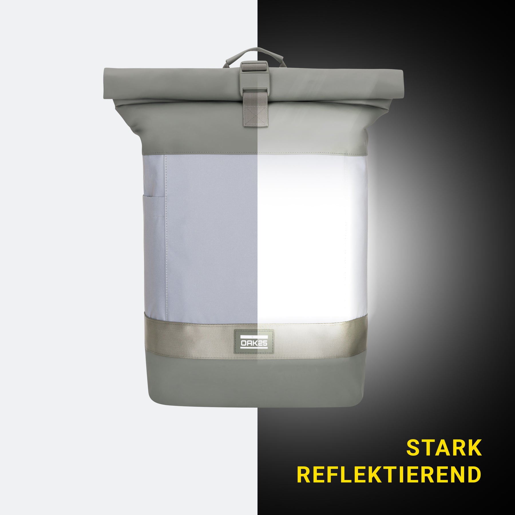 Salbeifarbener Rolltop-Fahrradrucksack mit reflektierendem Material, das stark leuchtet