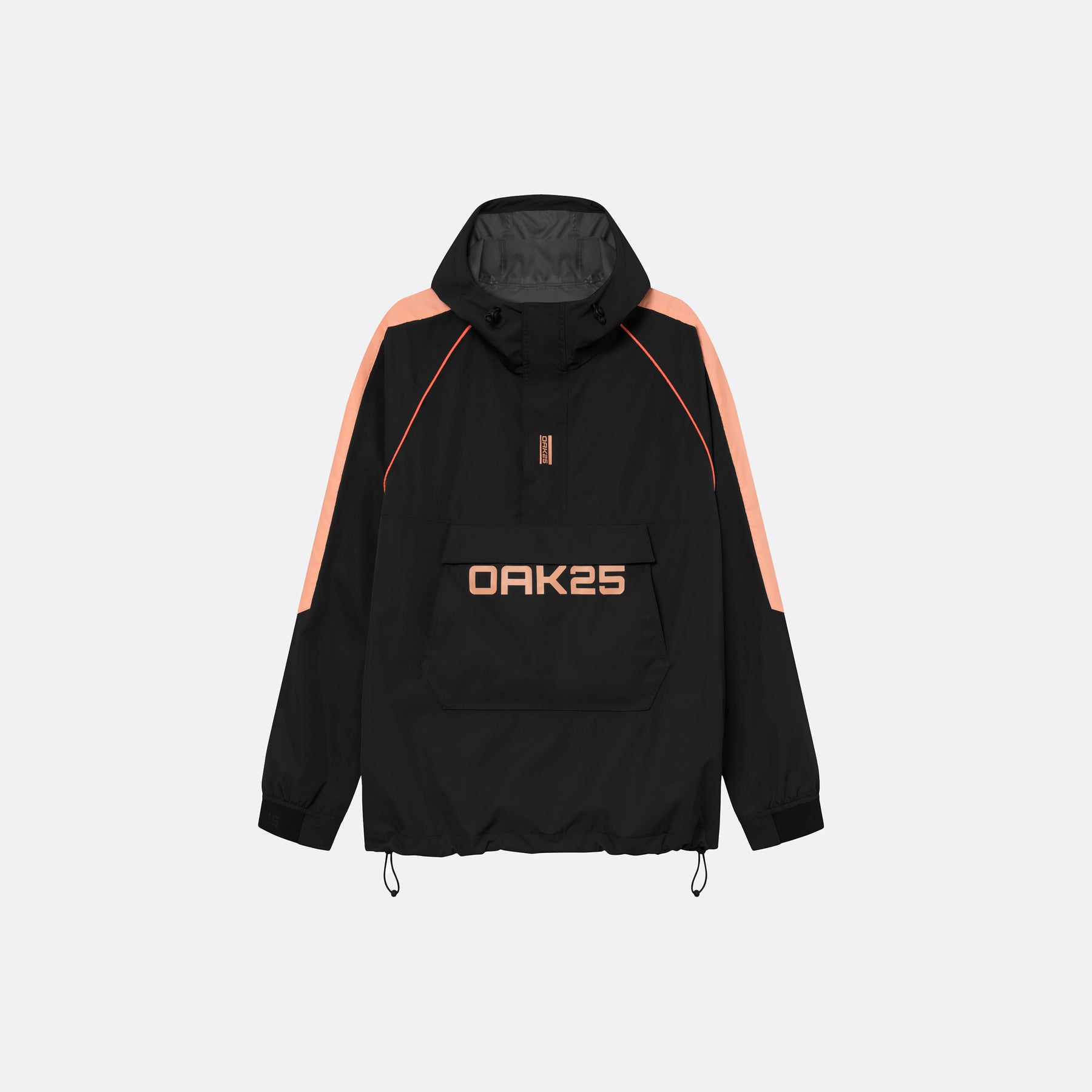 Schwarze und pfirsichfarbene Unisex-Regenjacke mit Kapuze und reflektierendem OAK25-Logo
