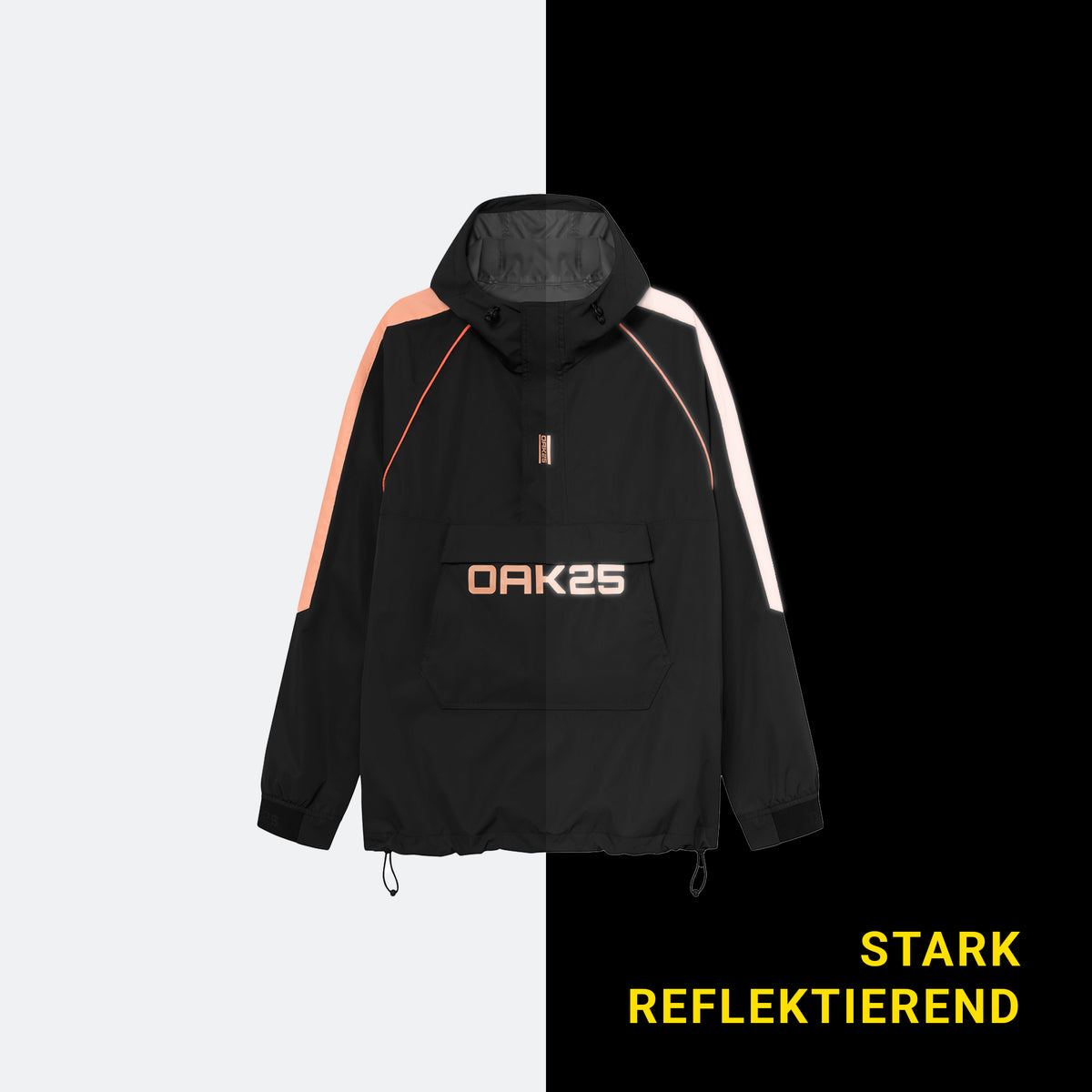 Schwarze Unisex-Regenjacke mit Kapuze, Pfirsichfarbene und reflektierende Details, Aufdruck 'OAK25' vorne