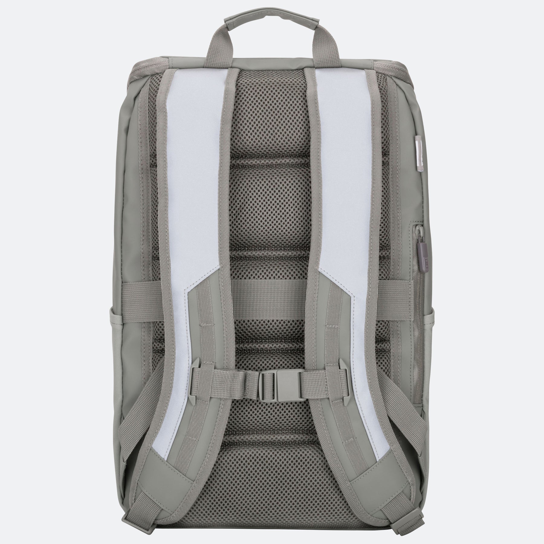 Rückansicht eines salbeigrünen Rucksacks mit reflektierenden, gepolsterten Schultergurten und Netzrückenpolsterung