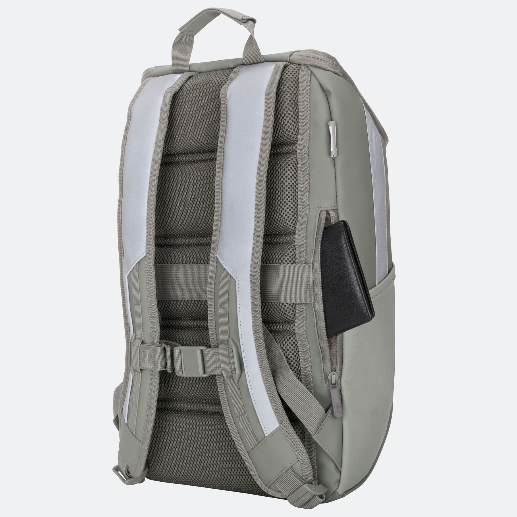 Sagefarbener Daybag-Rucksack mit seitlichem Reißverschlussfach und gepolsterten Schultergurten mit reflexierenden Streifen