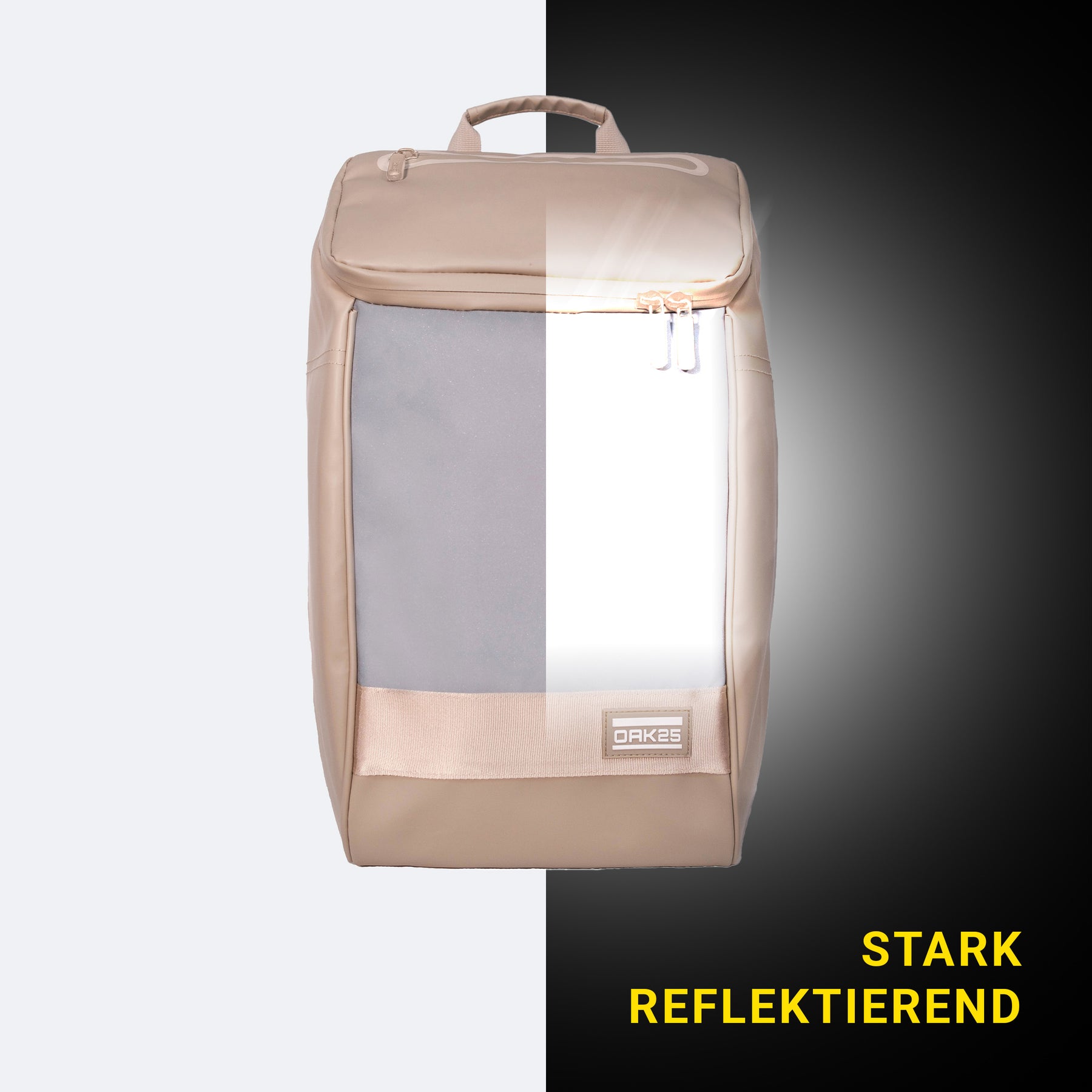 Sandfarbener Rucksack von OAK25, eine Hälfte zeigt normalen Stoff, die andere reflektierendes Material
