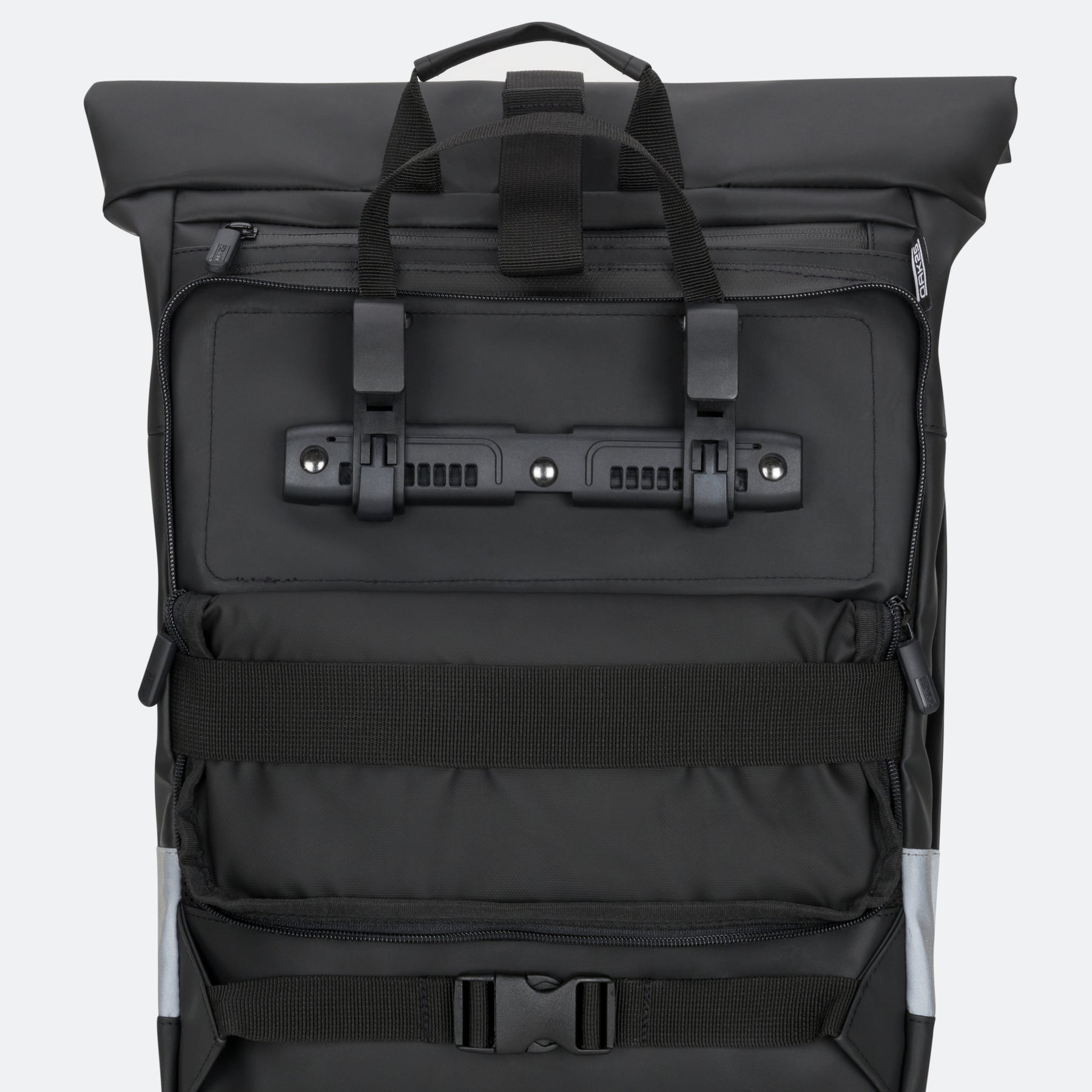 Schwarze multifunktionale 2in1 Rolltop-Fahrradtasche mit Befestigungssystem und Tragegriffen