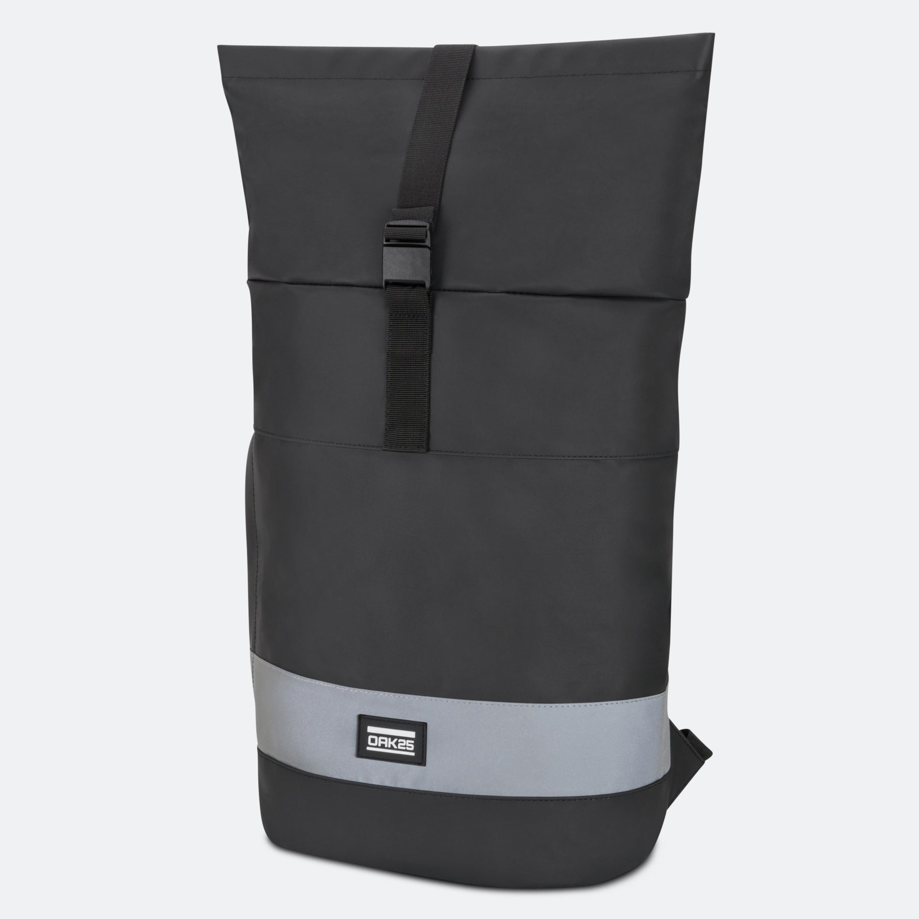 Schwarzer OAK25 Rolltop-Rucksack mit verstellbarer Größe und reflektierendem Streifen