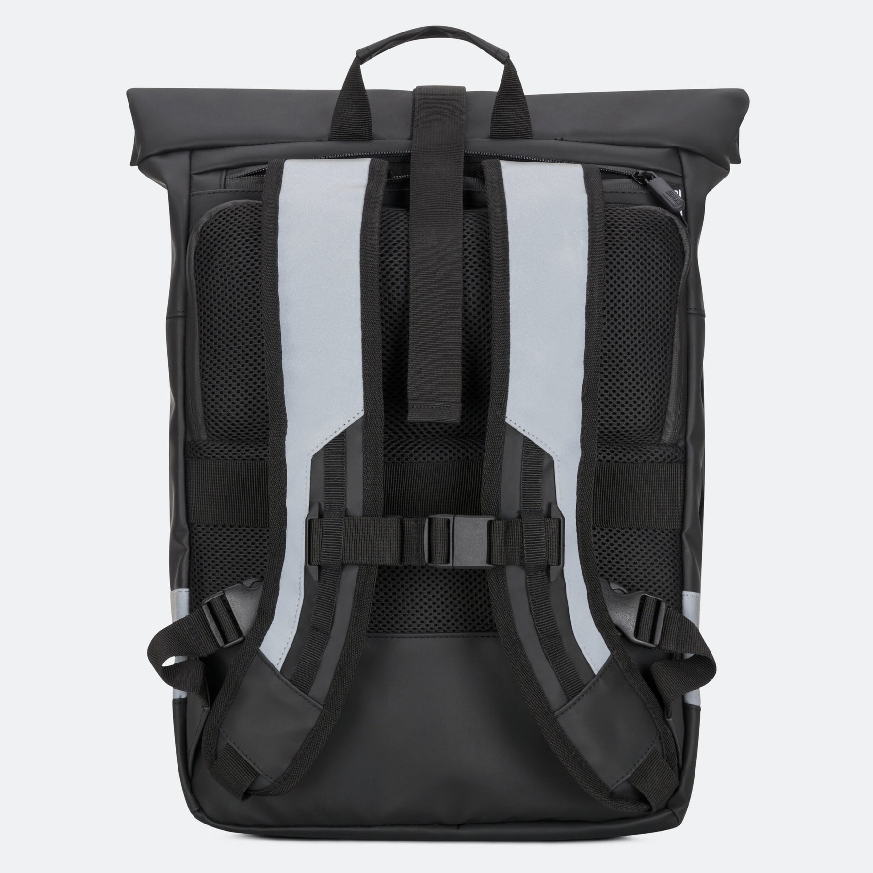 Schwarzer Rolltop-Rucksack mit gepolstertem Rücken und reflektierenden Trägern