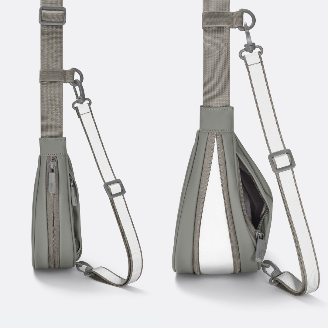 Salbeigrüne, erweiterbare Umhängetasche mit Reißverschluss und verstellbarem Schulterriemen