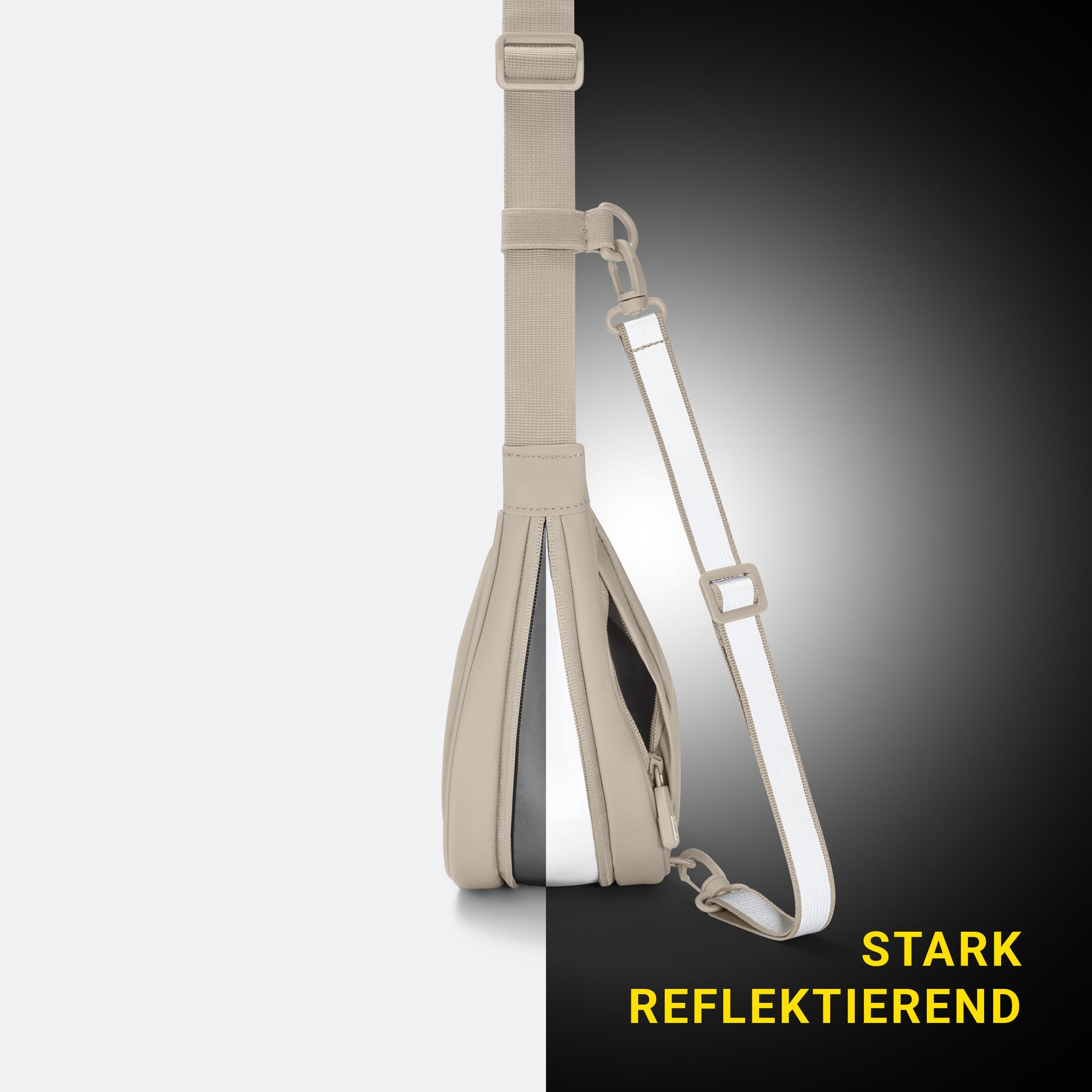 Sandfarbene Halfmoon-Tasche mit reflektierendem Riemen, seitliche Ansicht