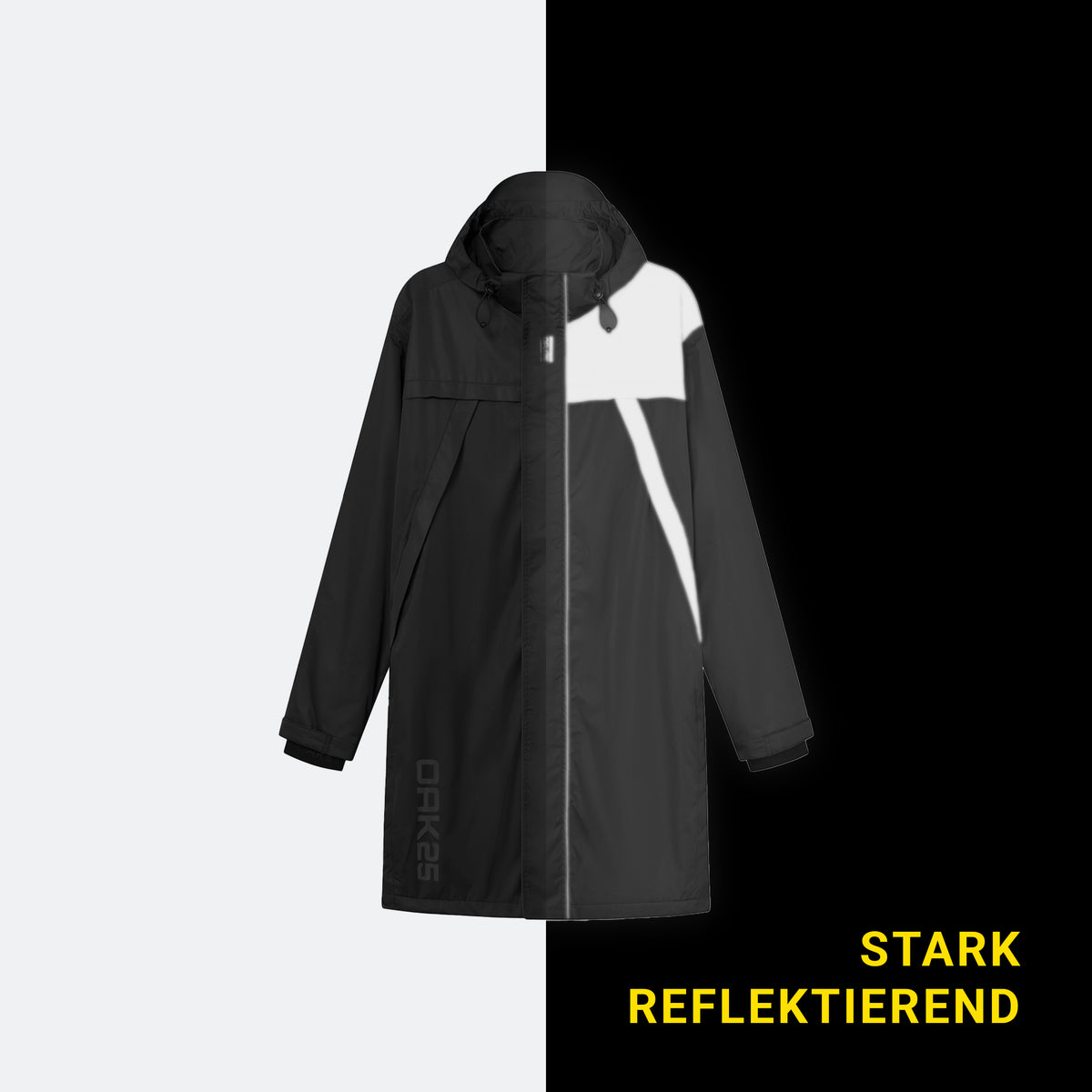 Schwarzer Unisex-Regenmantel von OAK25 mit Kapuze, teils stark reflektierend an Vorderseite und Ärmel