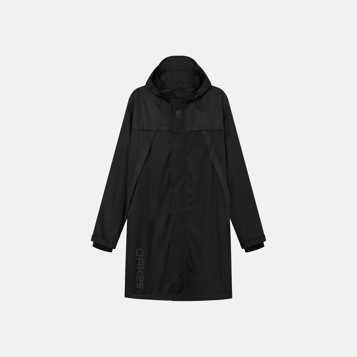 Schwarzer wasserdichter OAK25 Regenmantel mit Kapuze und langem Schnitt
