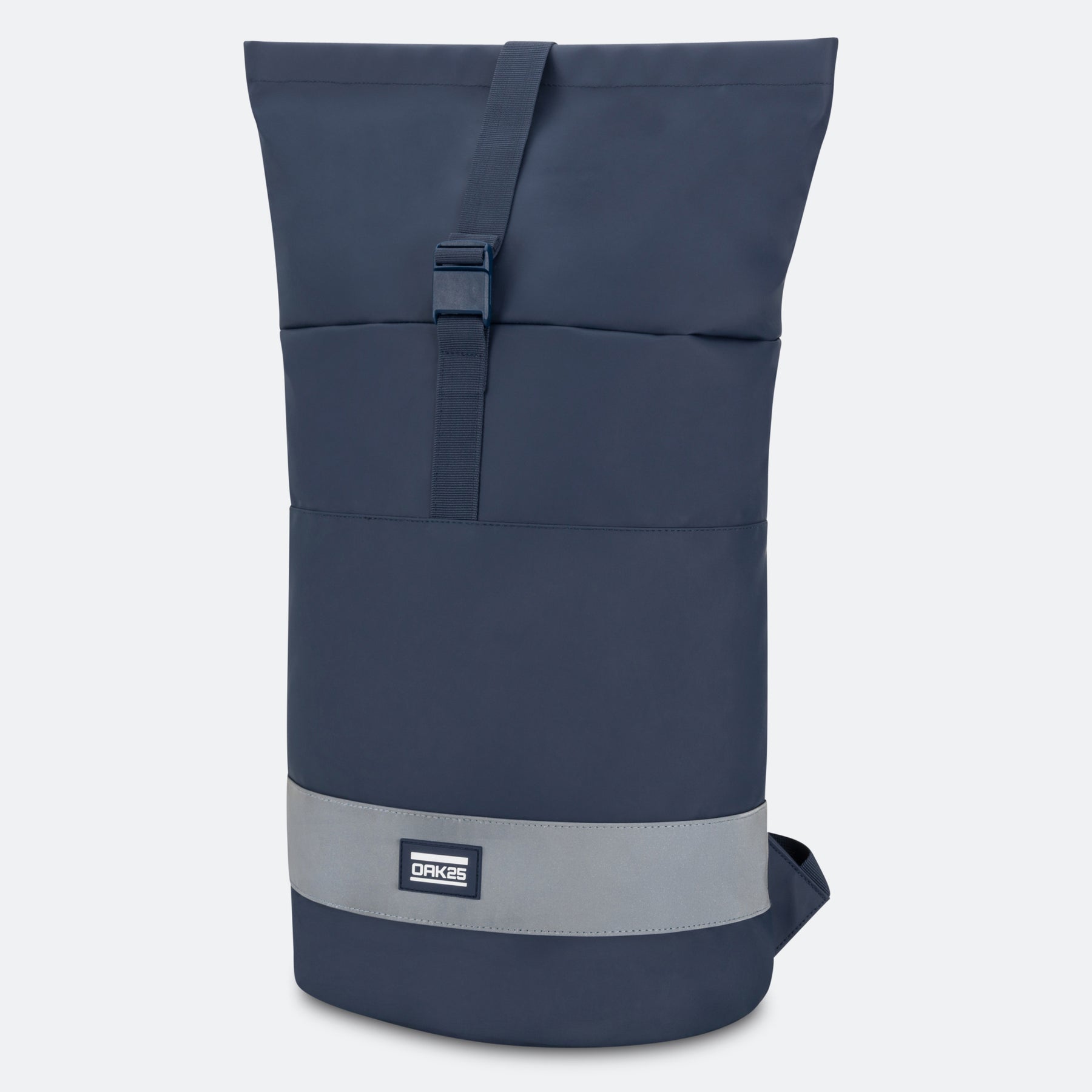OAK25 Rolltop-Rucksack in Navy mit erweiterbarem Volumen und grauem Streifen mit Logo