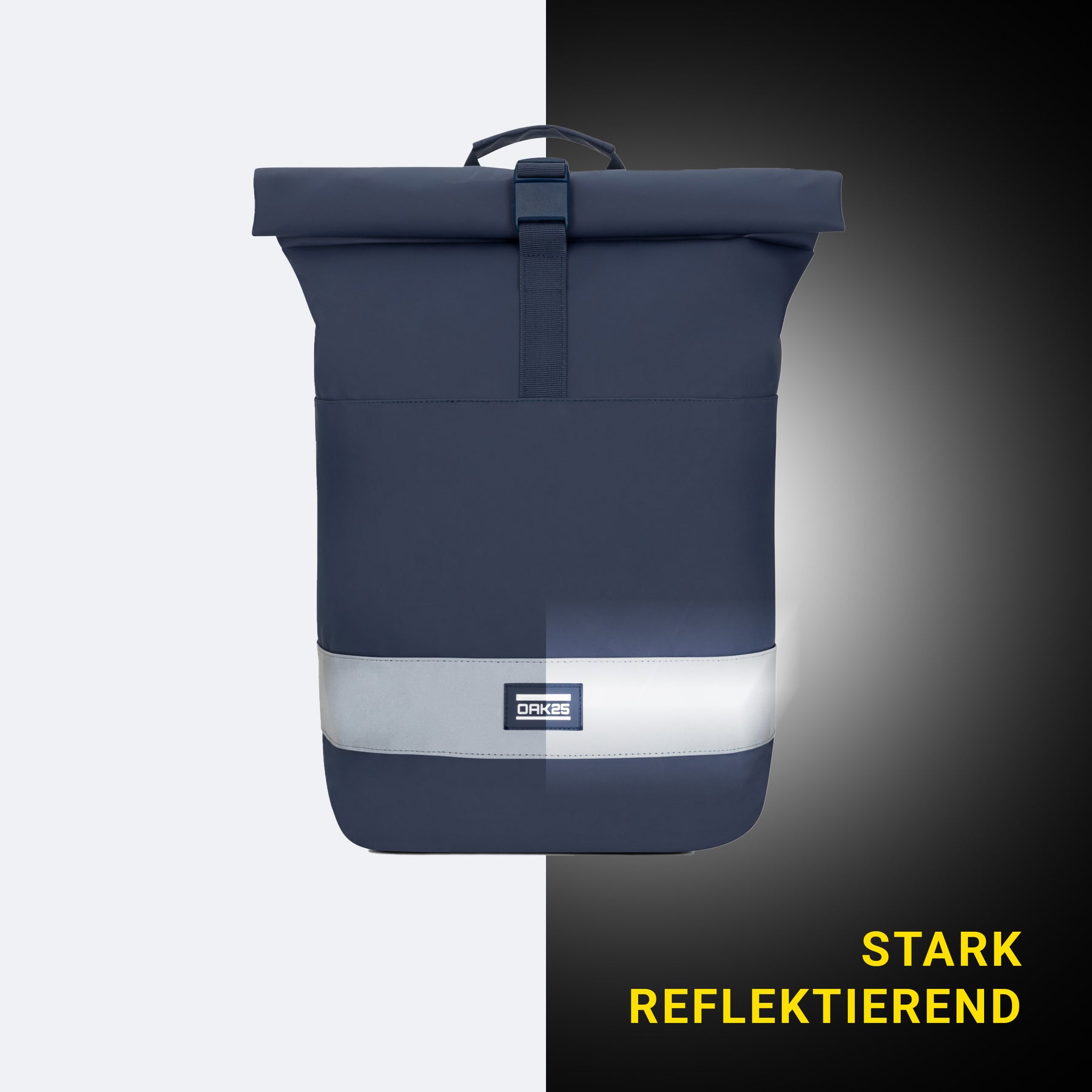 Marineblauer Rolltop-Tagesrucksack mit reflektierendem Streifen und OAK25 Logo