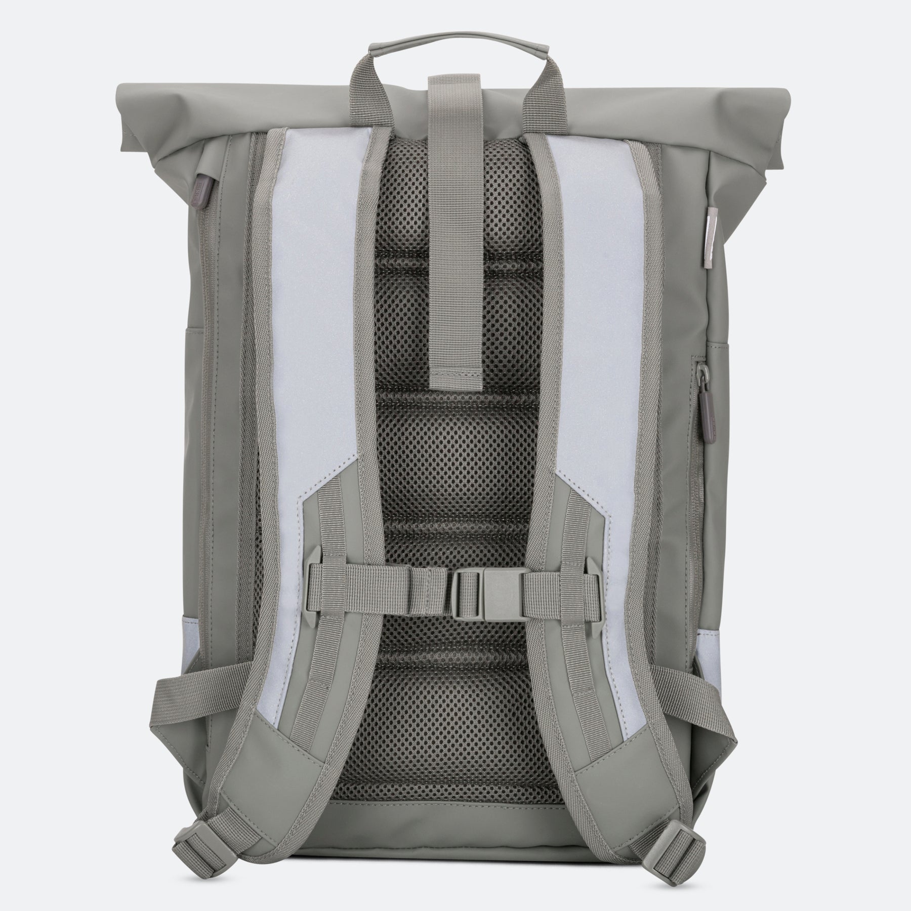 Rückenansicht eines salbeigrünen Rolltop-Rucksacks mit ergonomischen Trägern, Brustgurt und gepolstertem Rücken