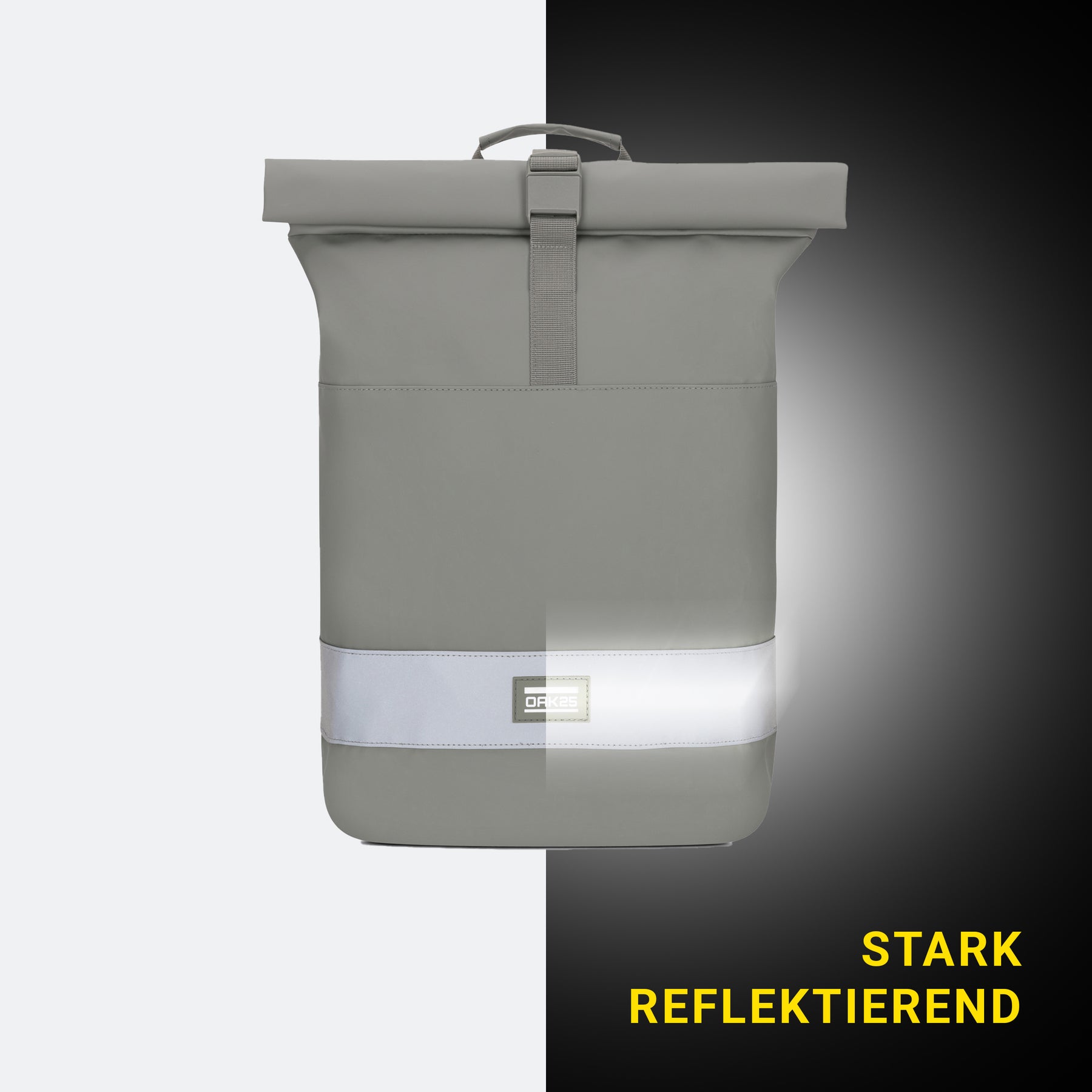 Salbeigrüne, rollbare Fahrradtasche mit stark reflektierendem weißem Streifen und OAK25-Logo
