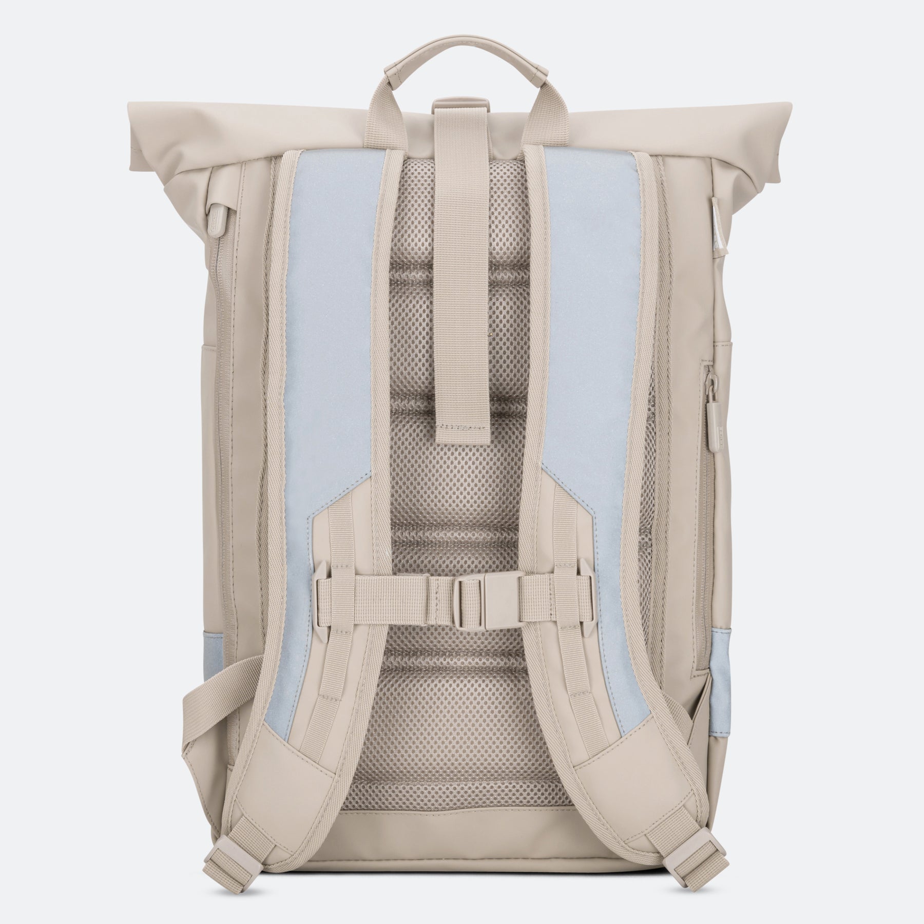 Sandfarbener Rucksack mit ergonomischen, gepolsterten Schultergurten, Brustgurt und Rückenpolsterung