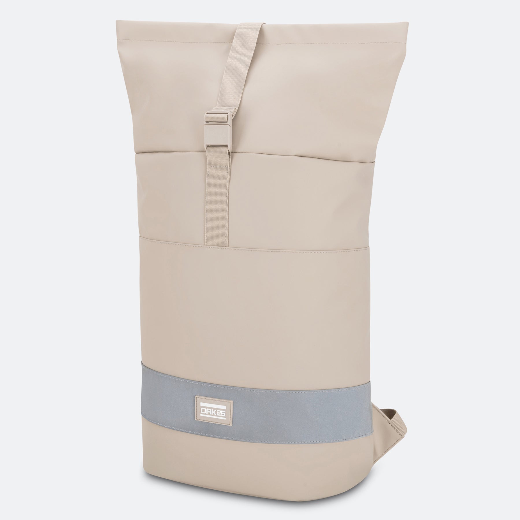 Beiger Rolltop-Rucksack von OAK25 mit erweitertem Volumen von 17 Litern und grauem Streifen