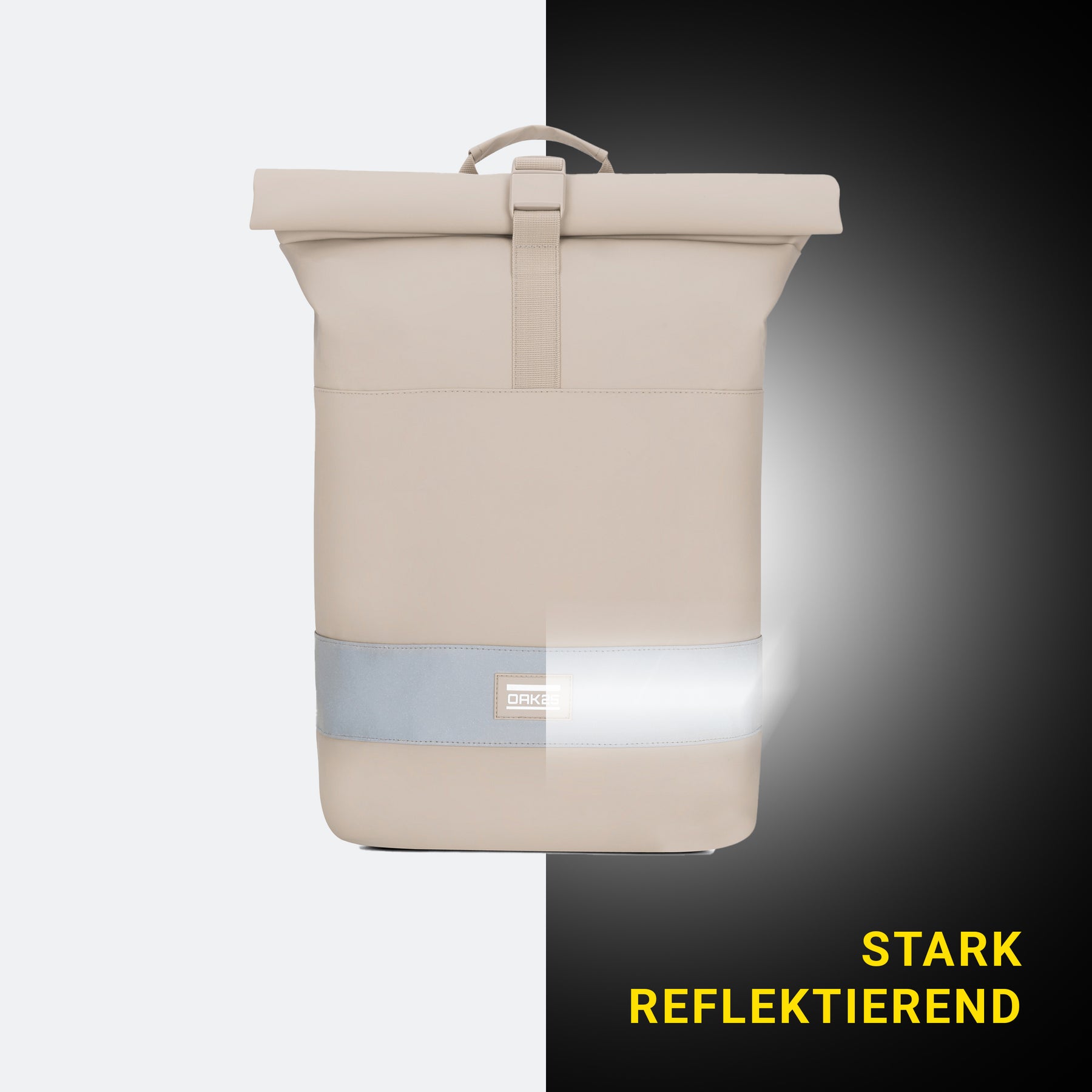 Sandfarbene rollbare Fahrradtasche mit reflektierendem Streifen und Griff oben