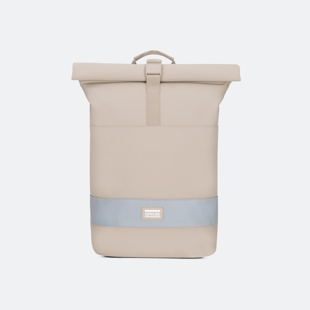 Sandfarbener OAK25 Rolltop-Rucksack mit reflektierendem Streifen und Logo vorne