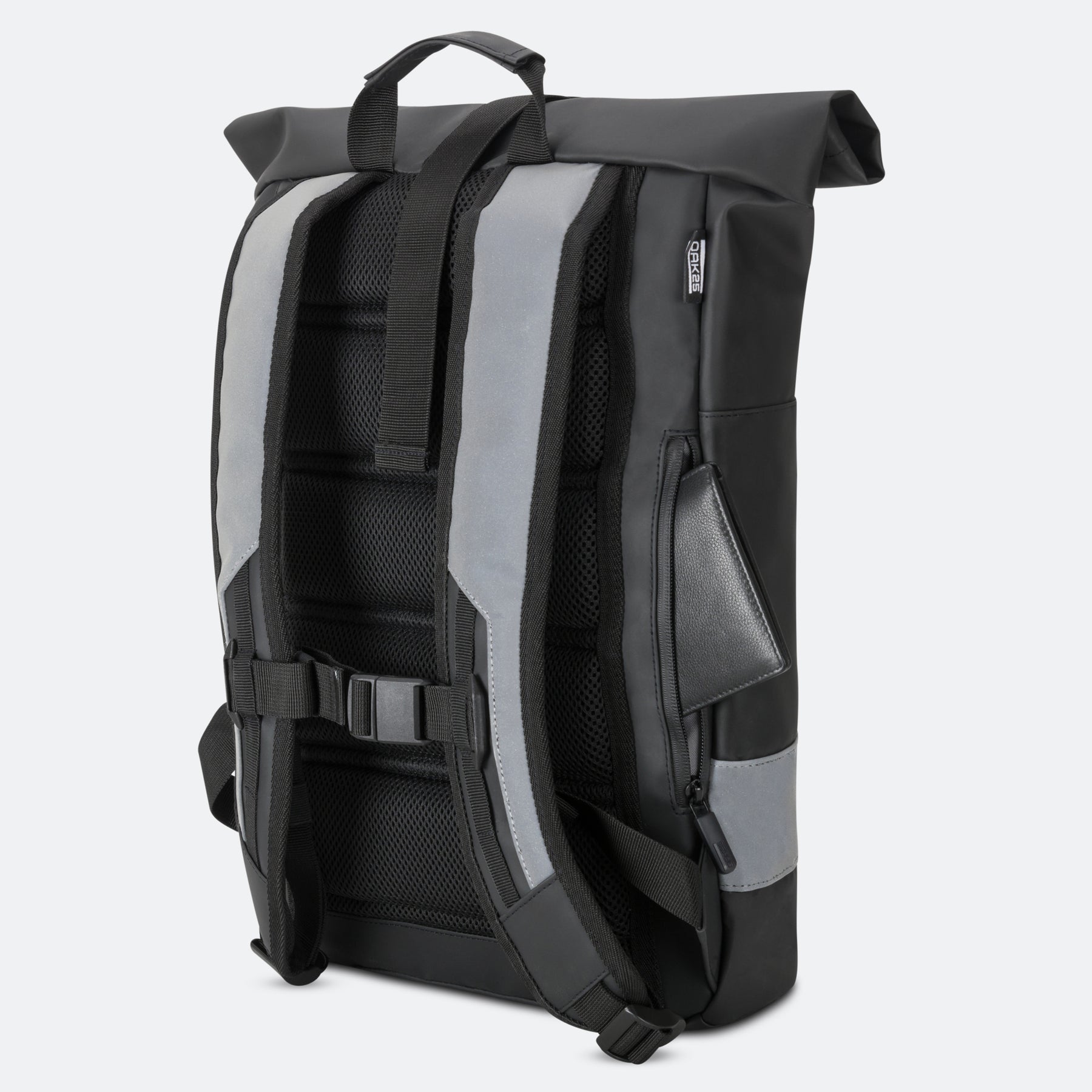 OAK25 Everyday Rolltop Rucksack in Schwarz mit gepolsterten, reflektierenden Schultergurten und seitlichem Geheimfach