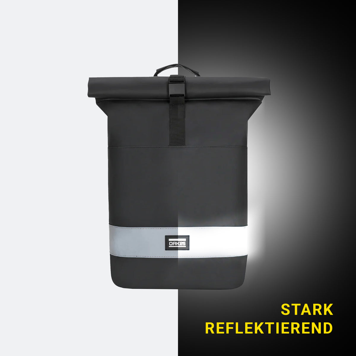 Schwarzer Rolltop-Tagesrucksack mit reflektierendem Streifen und schwarzem Verschluss