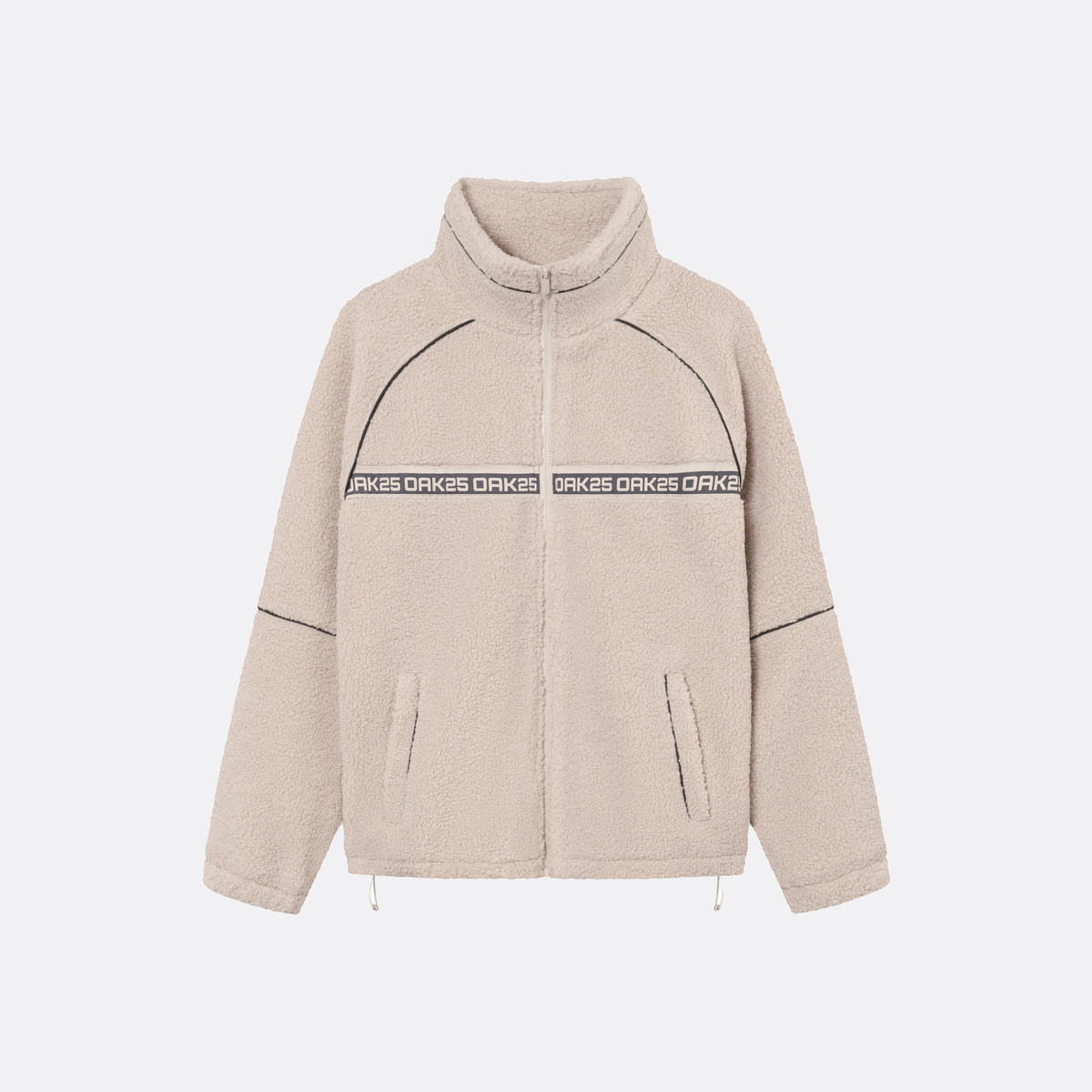 Sandfarbene Teddy-Fleecejacke mit durchgehendem Reißverschluss, Stehkragen und schwarzen Nahtdetails, Unisex