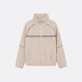 Sandfarbene Teddy-Fleecejacke mit durchgehendem Reißverschluss, Stehkragen und schwarzen Nahtdetails, Unisex