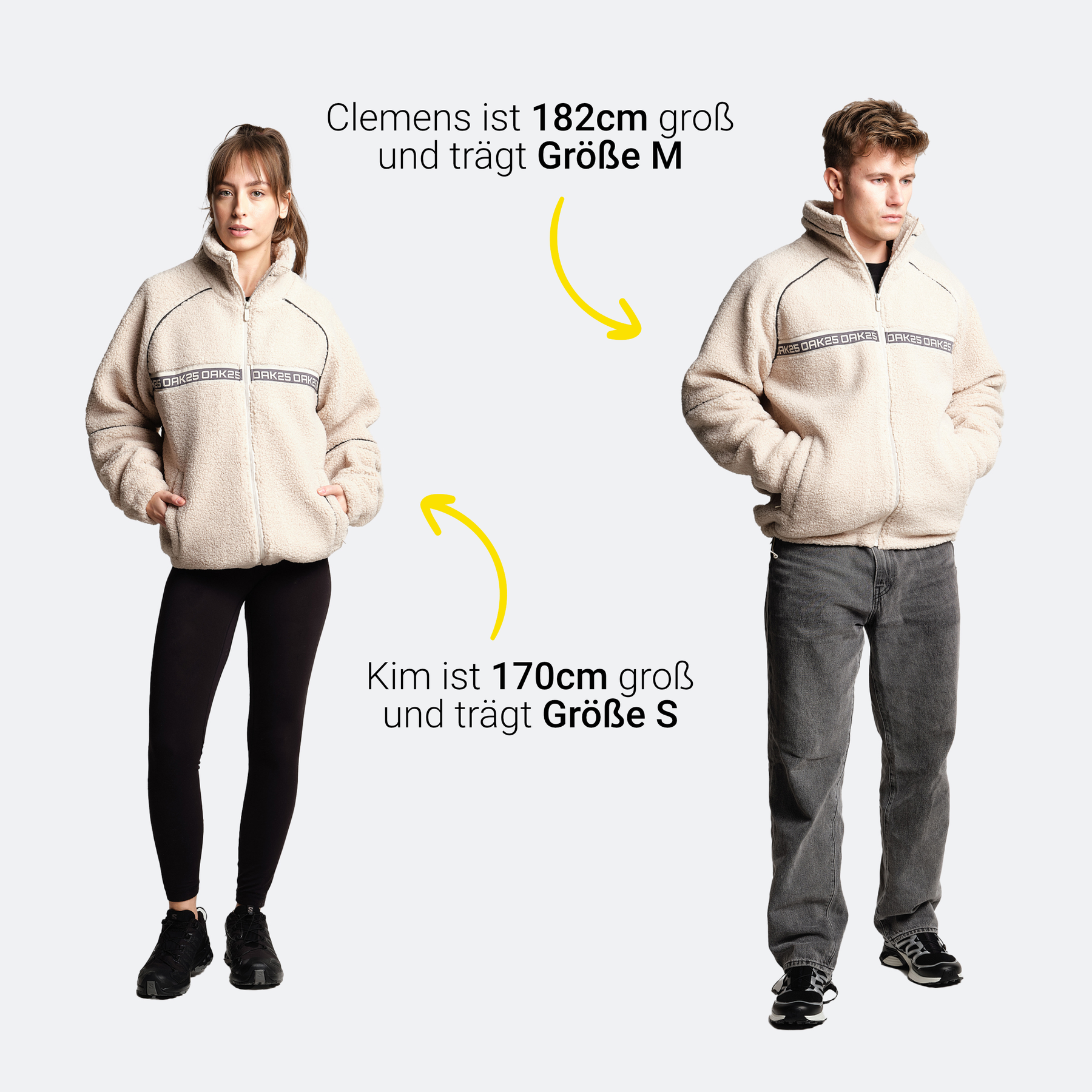 Zwei Personen tragen sandfarbene Teddyjacken, Kim ist 170 cm groß und trägt Größe S, Clemens ist 182 cm groß und trägt Größe M
