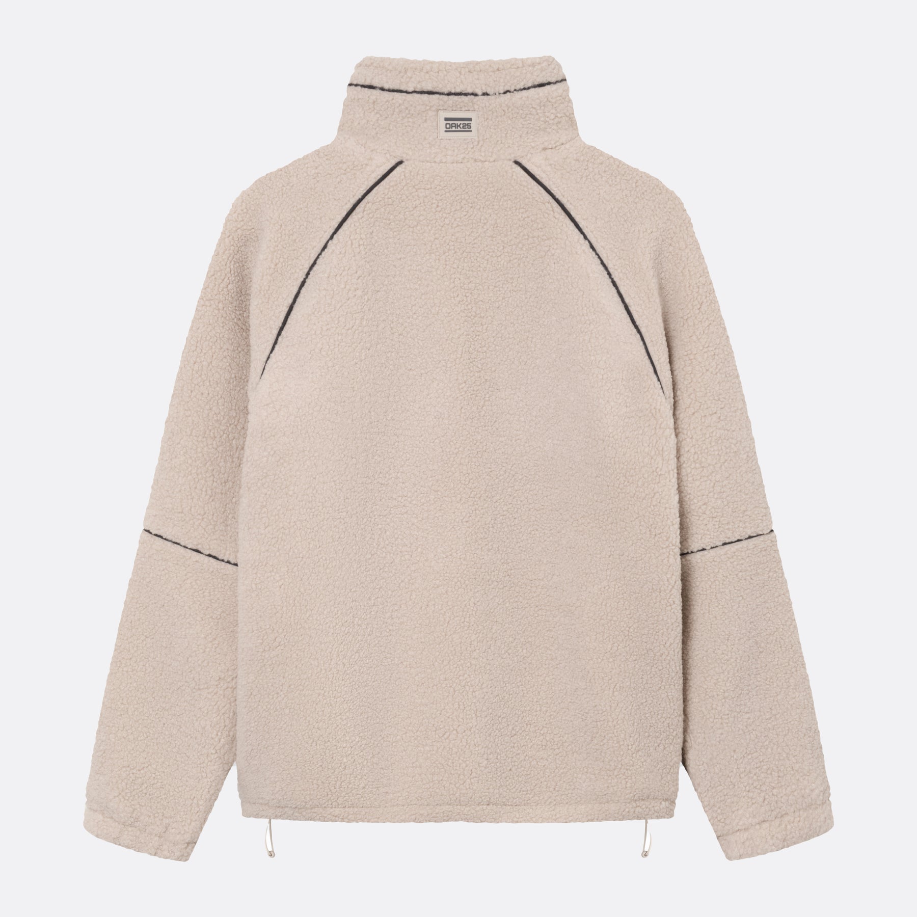 Sandfarbene Teddy-Jacke von OAK25 mit hohem Kragen, schwarzen Nähten und Innentasche