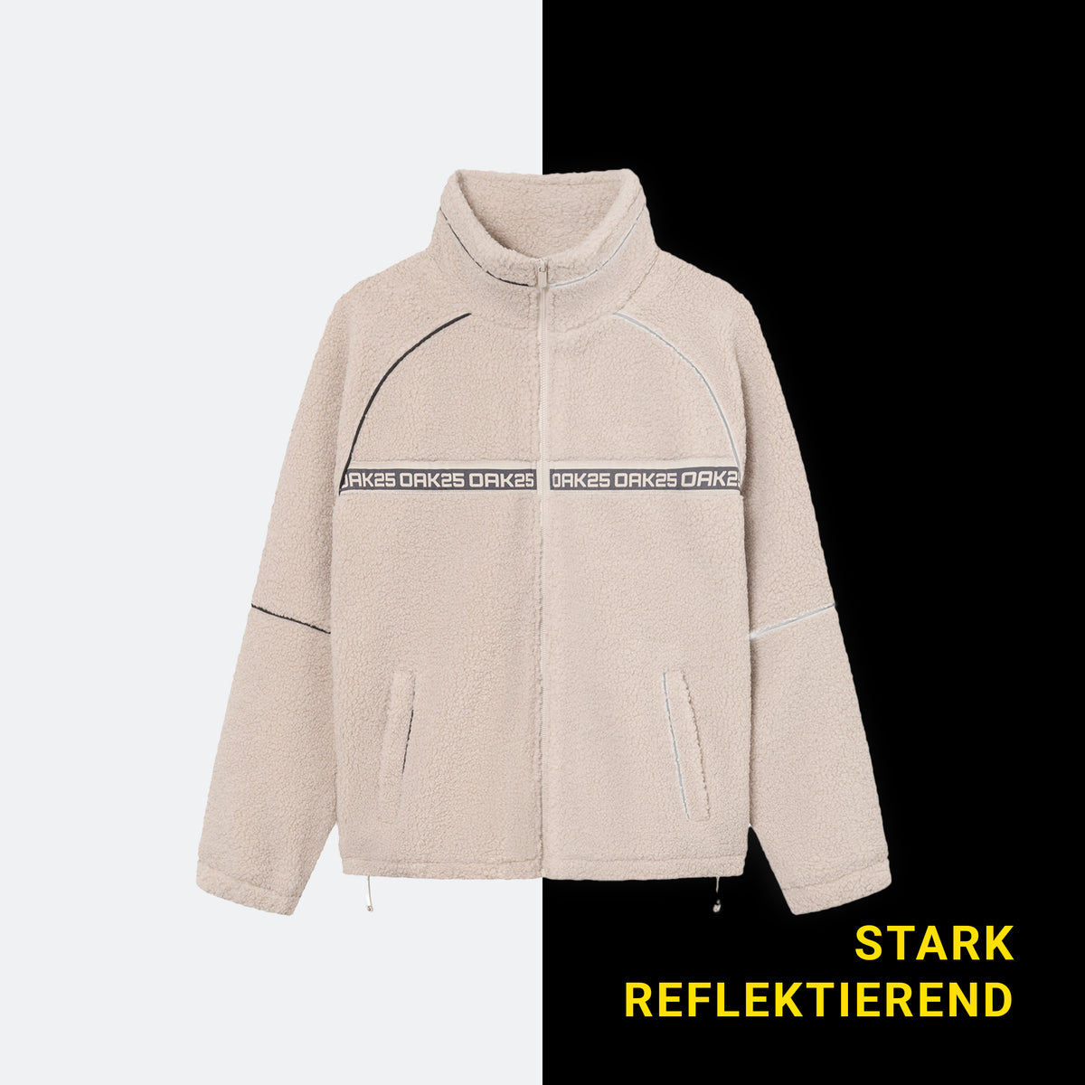Sandfarbene Teddyjacke mit Stehkragen und reflektierendem OAK25-Schriftzug