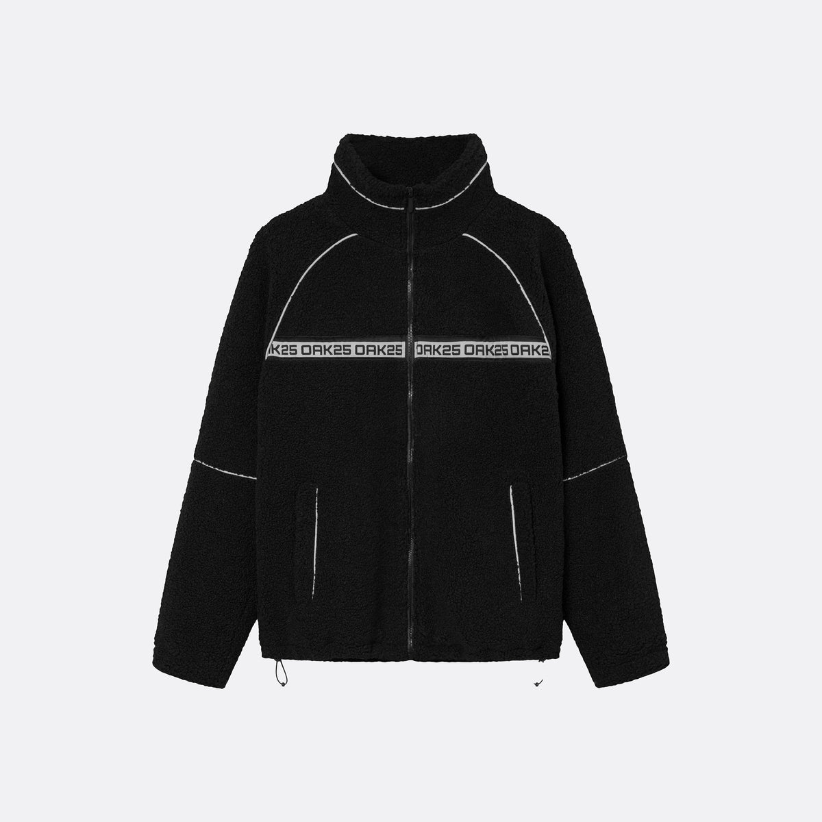 Schwarze Teddy Fleecejacke mit Stehkragen und Reißverschluss, reflektierende Details, Unisex