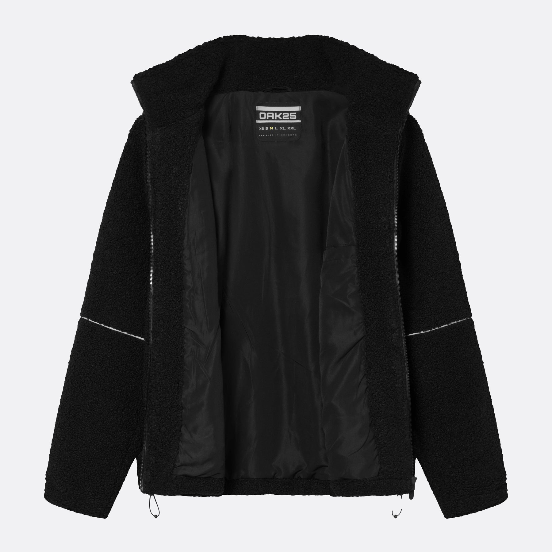 Schwarze Teddyjacke von OAK25 mit offenem Reißverschluss und Innentasche