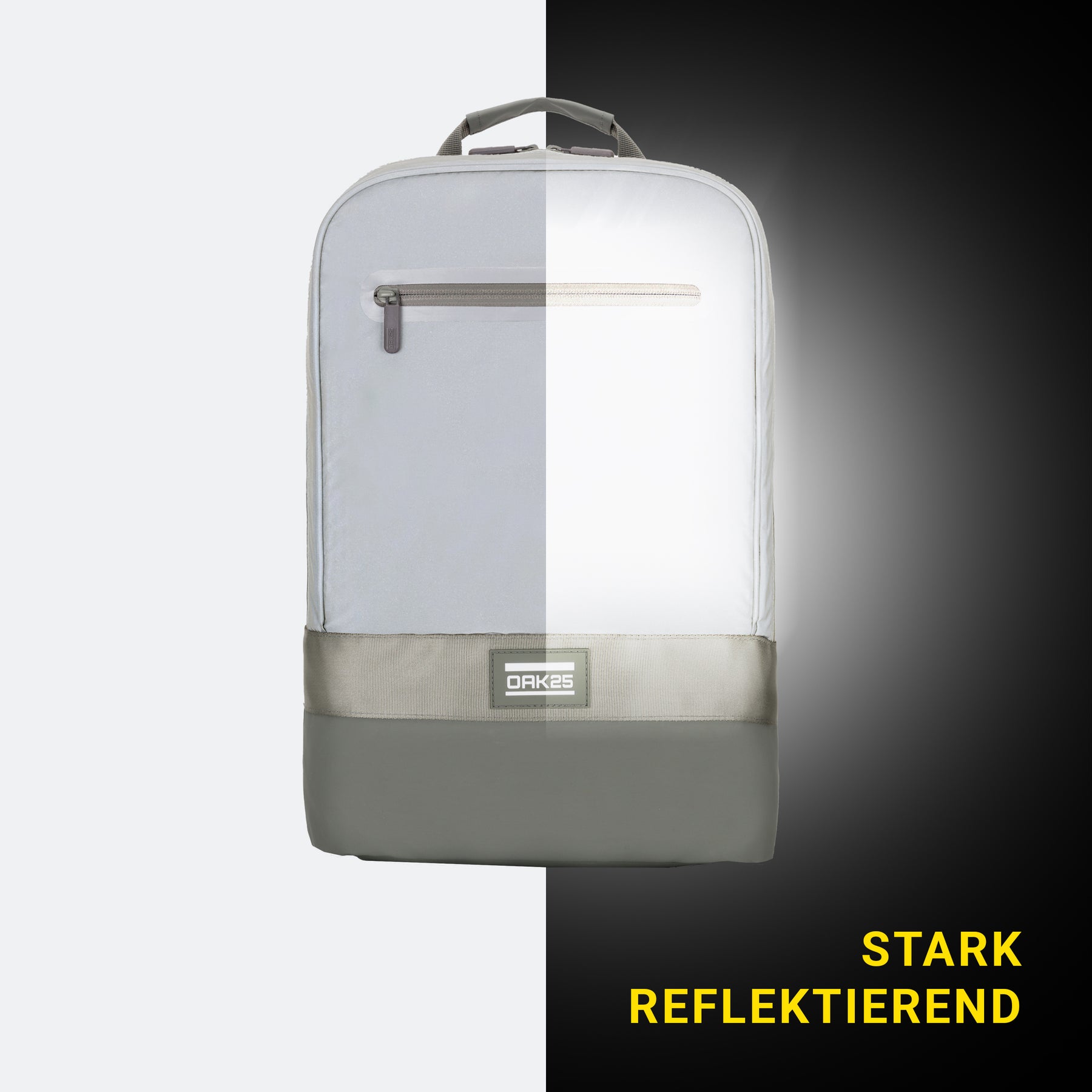 Hellgrüner Rucksack mit Reflektionsstreifen und Reißverschlussfach, Hälfte zeigt starke Reflektion
