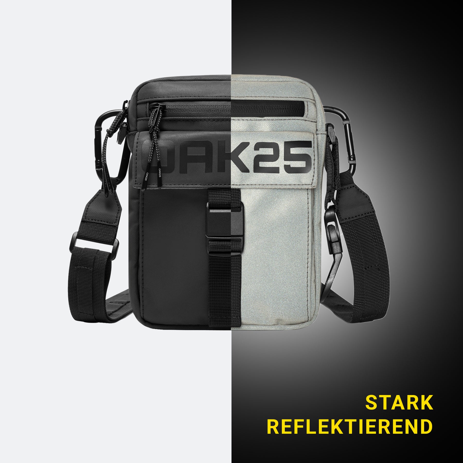 Schwarze Bauchtasche mit reflektierendem Material auf der rechten Hälfte und 'OAK25' Schriftzug