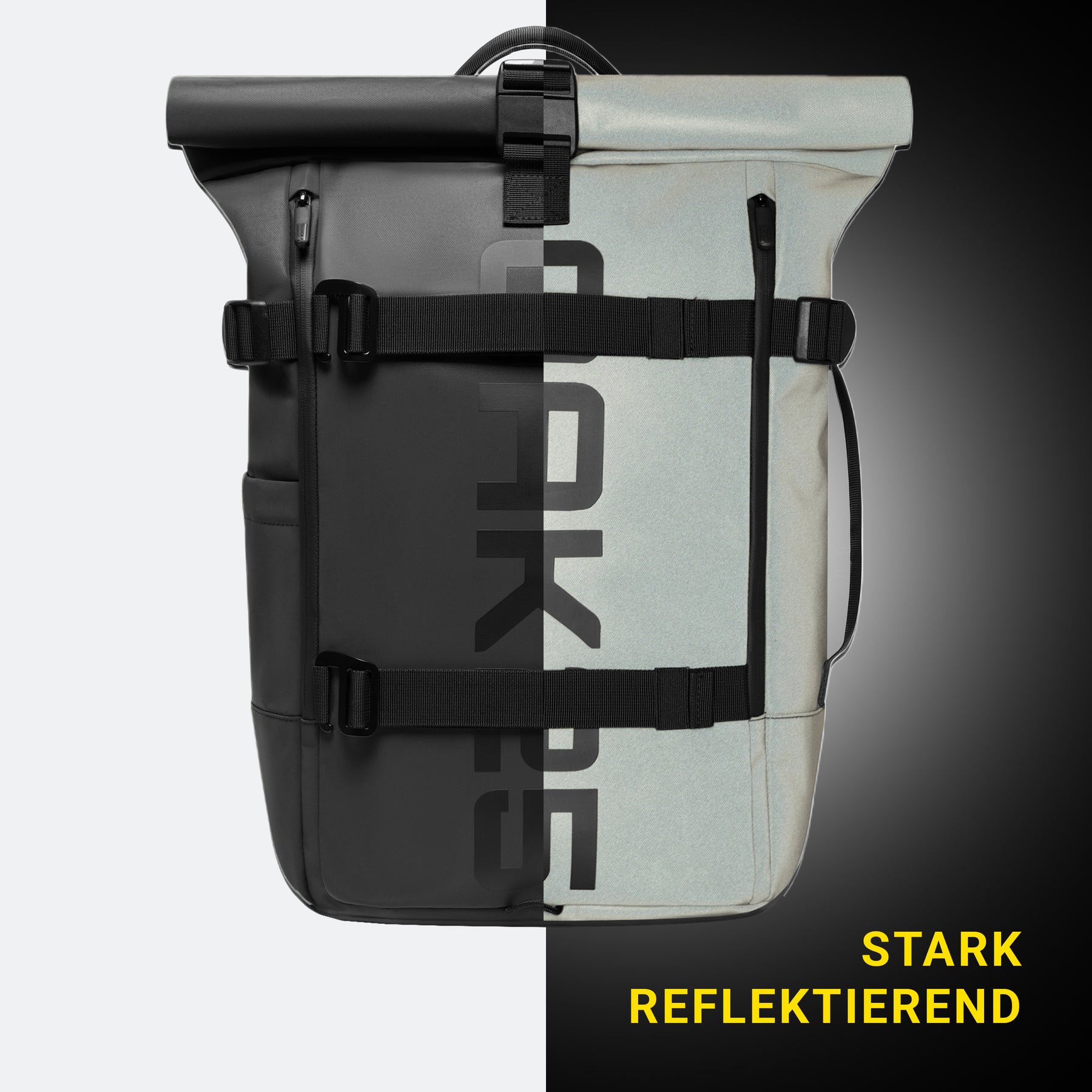 Schwarzer Luminite Rolltop-Rucksack, halb normal, halb stark reflektierend, mit zwei schwarzen Riemen und seitlicher Tasche