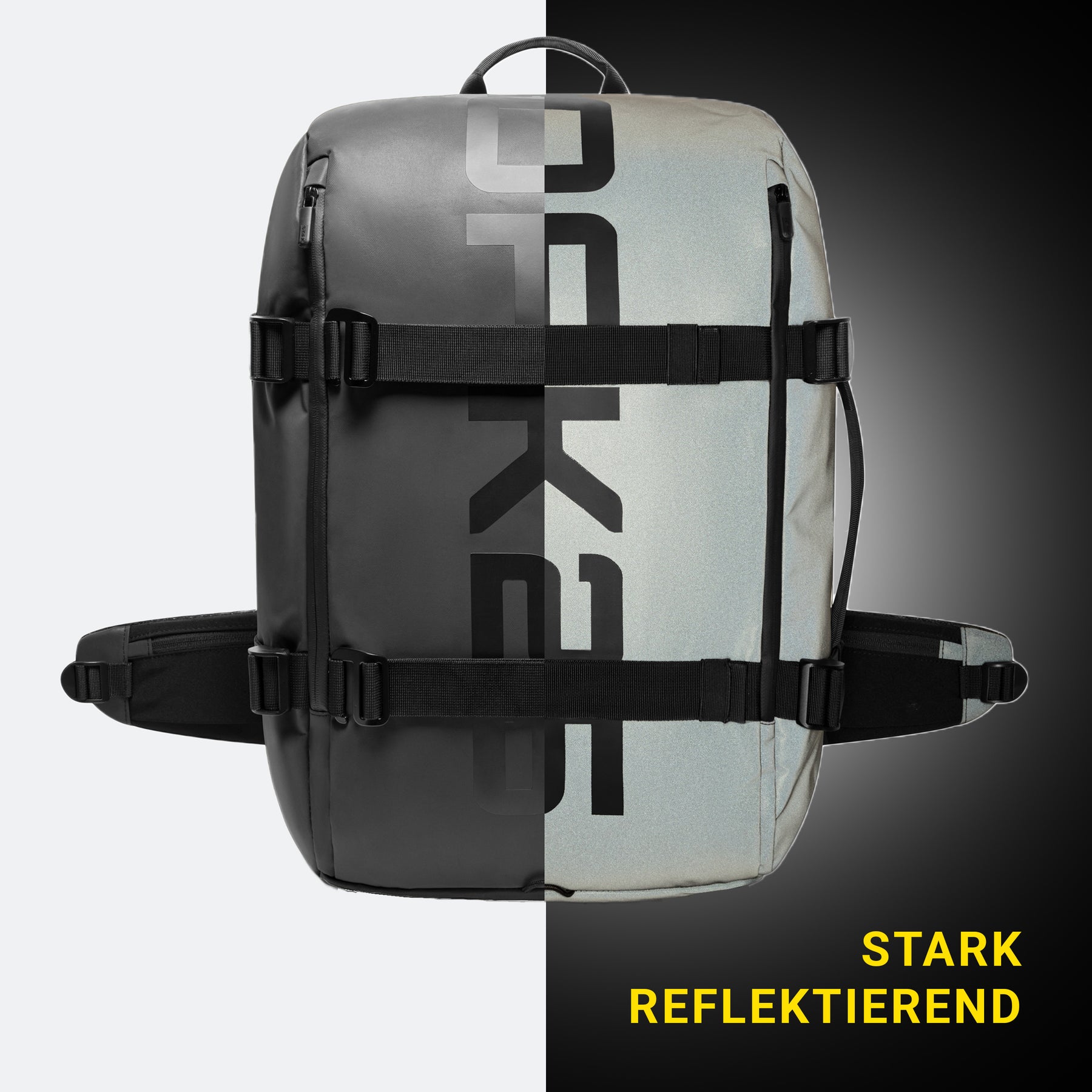 Schwarz-grauer, reflektierender Reiserucksack mit schwarzen Gurten und sichtbarem Schriftzug