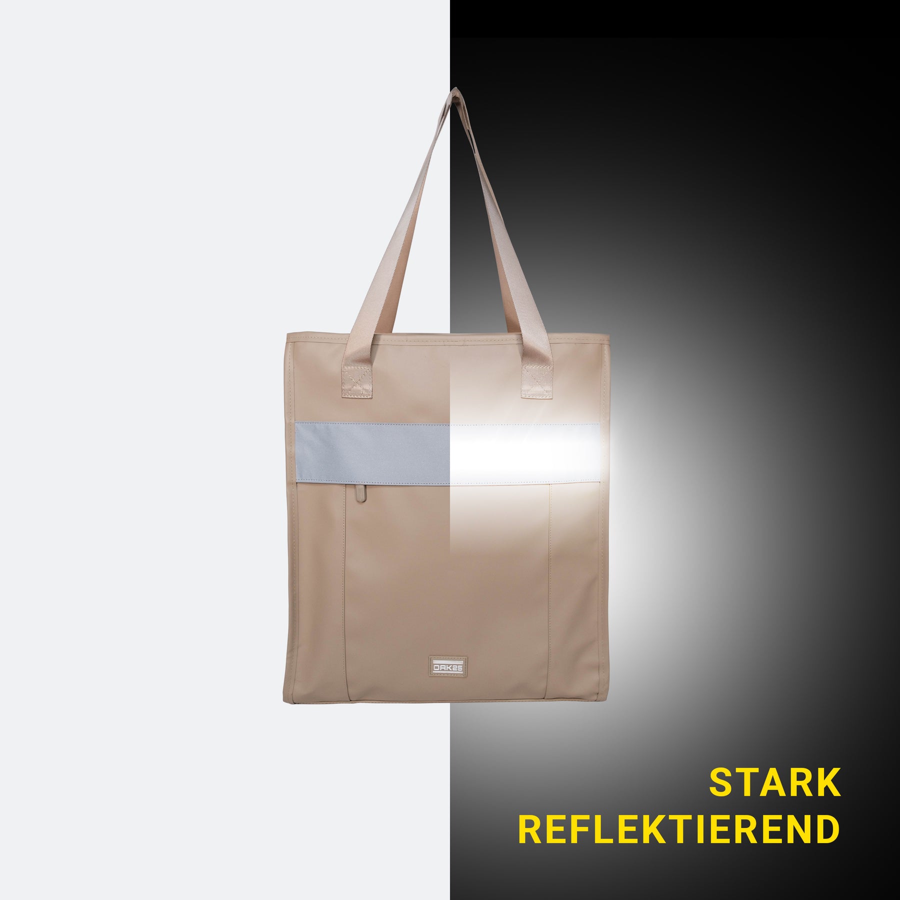 Sandfarbener Totebag mit langen Henkeln, reflektierendem Streifen und einem Reißverschlussfach vorne
