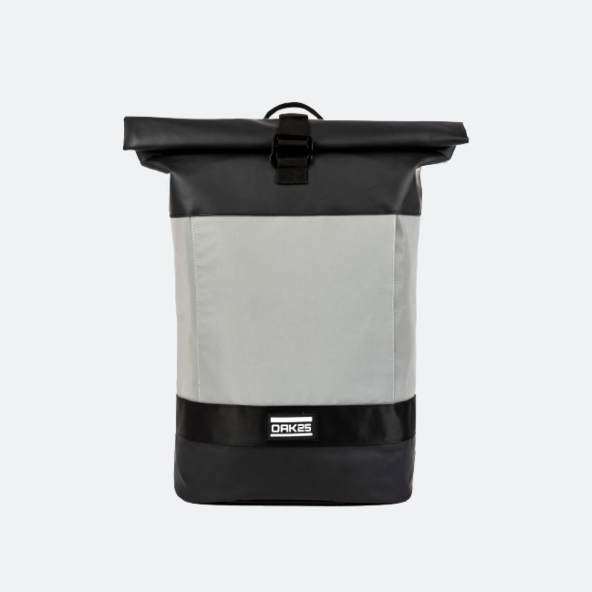 Schwarzer und grauer Rolltop-Rucksack mit reflektierendem Frontpanel und OAK25 Logo