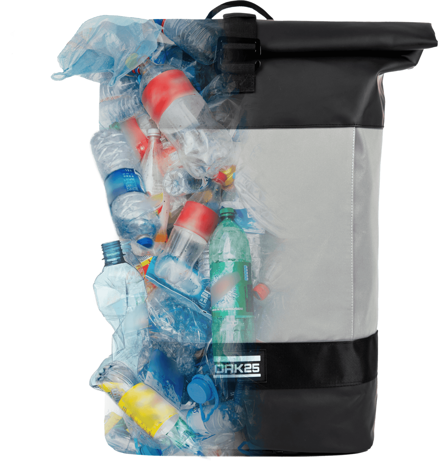 Rolltop-Rucksack aus recyceltem Plastik, schwarz und grau, halb durchsichtig mit Plastikelementen