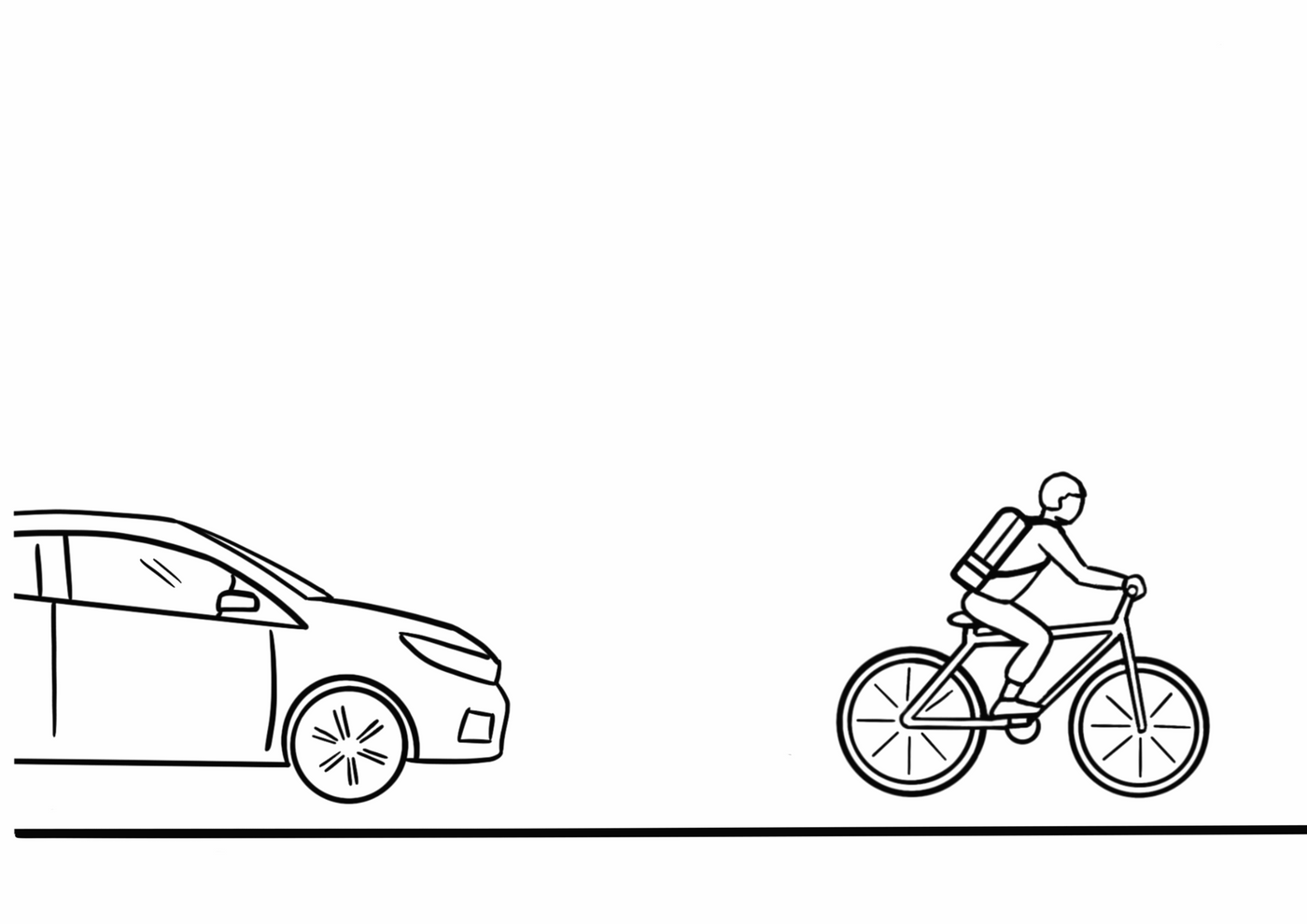 Strichzeichnung eines Fahrrads mit einem Fahrer mit Rucksack, ein Auto hält abseits der Fahrbahn